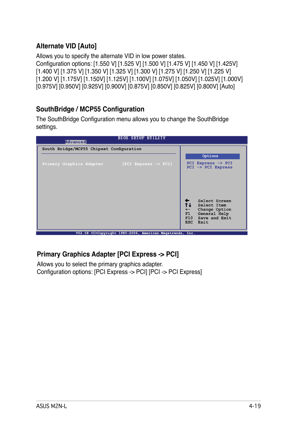 Southbridge / mcp55 configuration, Primary graphics adapter [pci express -> pci, Alternate vid [auto | Asus M2N-L User Manual | Page 69 / 108
