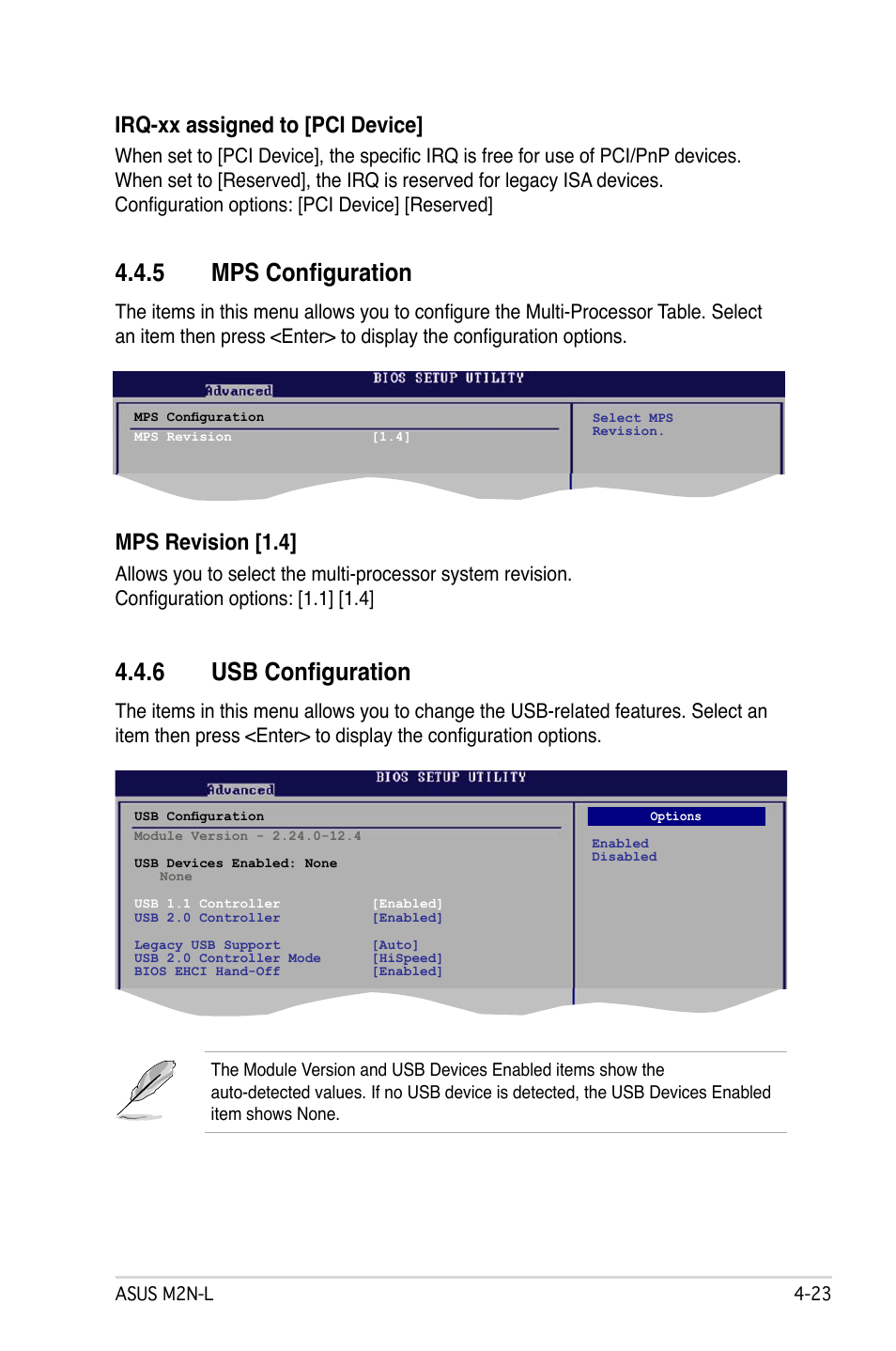 6 usb configuration, 5 mps configuration, Mps revision [1.4 | Irq-xx assigned to [pci device | Asus M2N-L User Manual | Page 73 / 108