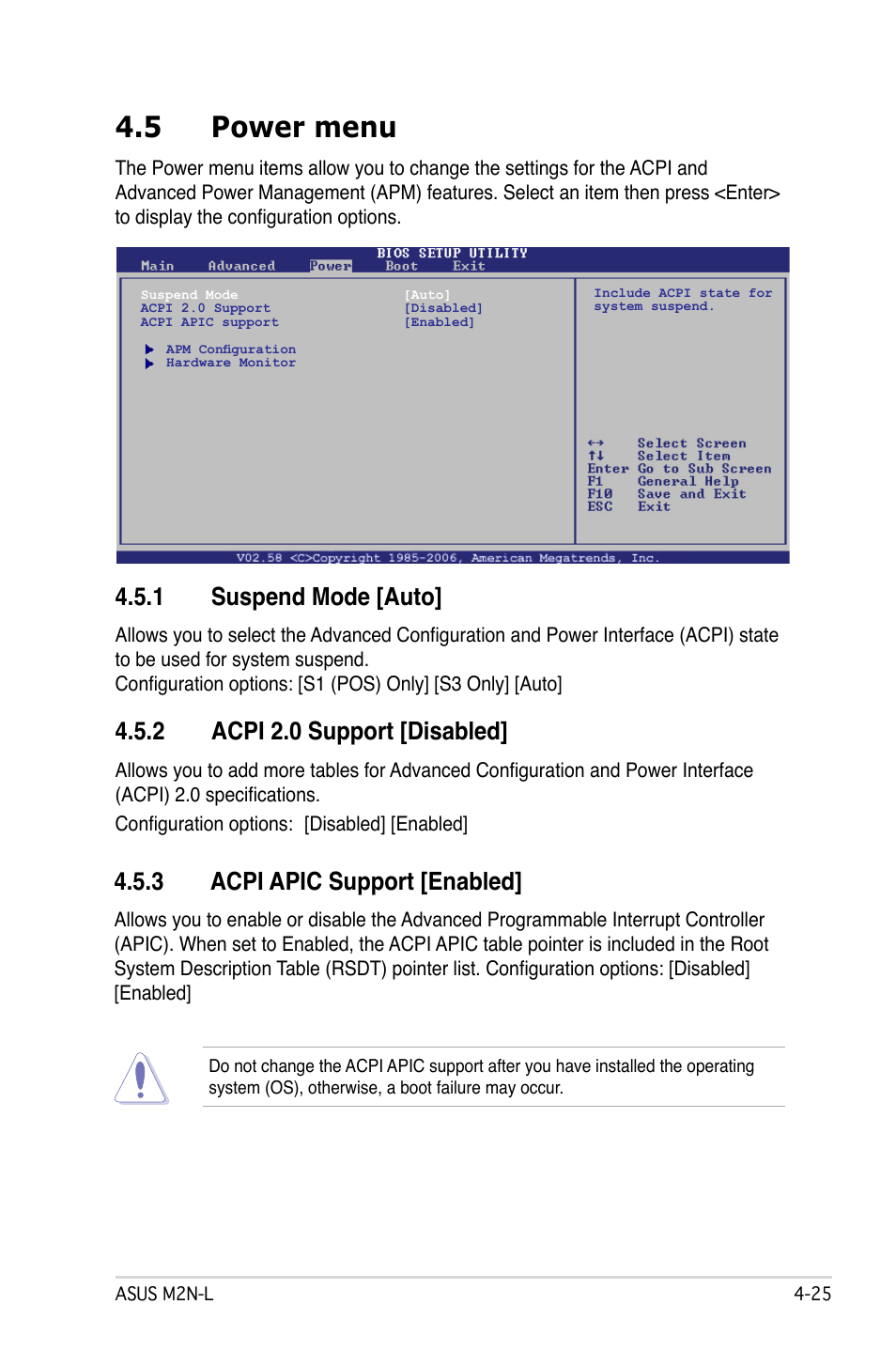5 power menu, 1 suspend mode, 2 report video on s3 resume | 2 acpi 2.0 support, 3 acpi apic support, 3 acpi apic support [enabled, 1 suspend mode [auto, 2 acpi 2.0 support [disabled | Asus M2N-L User Manual | Page 75 / 108