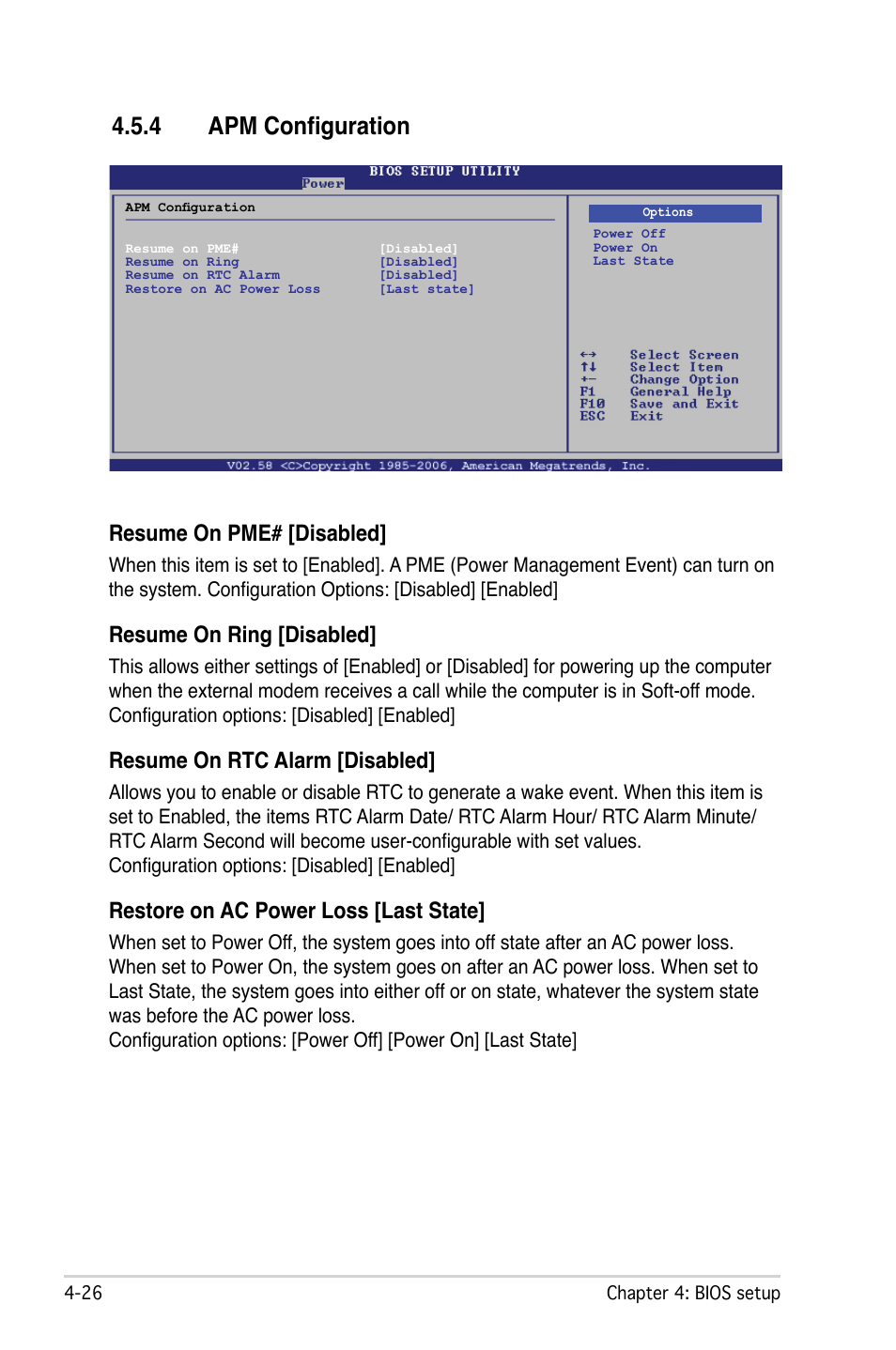 4 apm configuration, Resume on pme# [disabled, Resume on ring [disabled | Resume on rtc alarm [disabled, Restore on ac power loss [last state | Asus M2N-L User Manual | Page 76 / 108