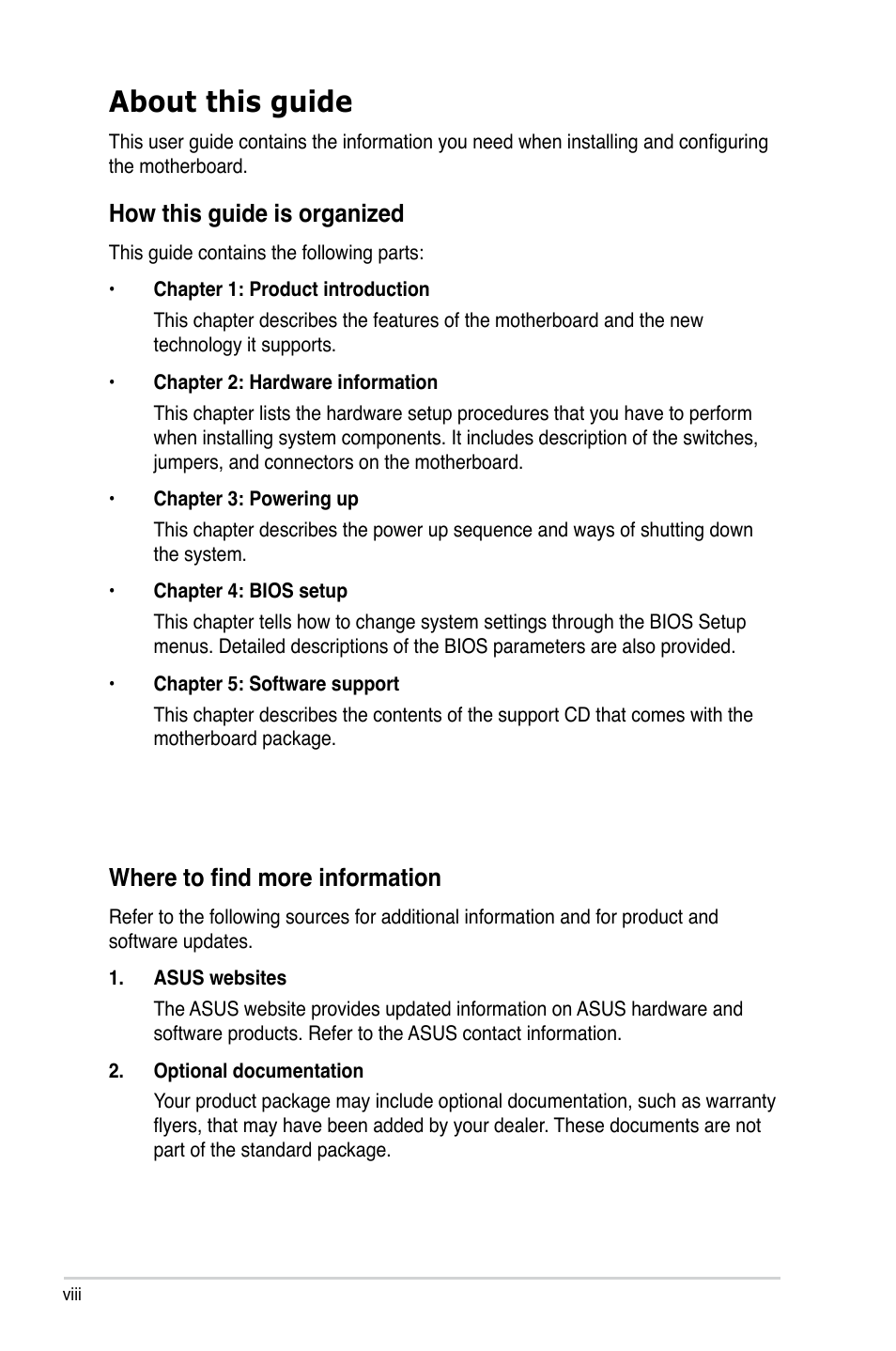 About this guide, How this guide is organized, Where to find more information | Asus M2N-L User Manual | Page 8 / 108