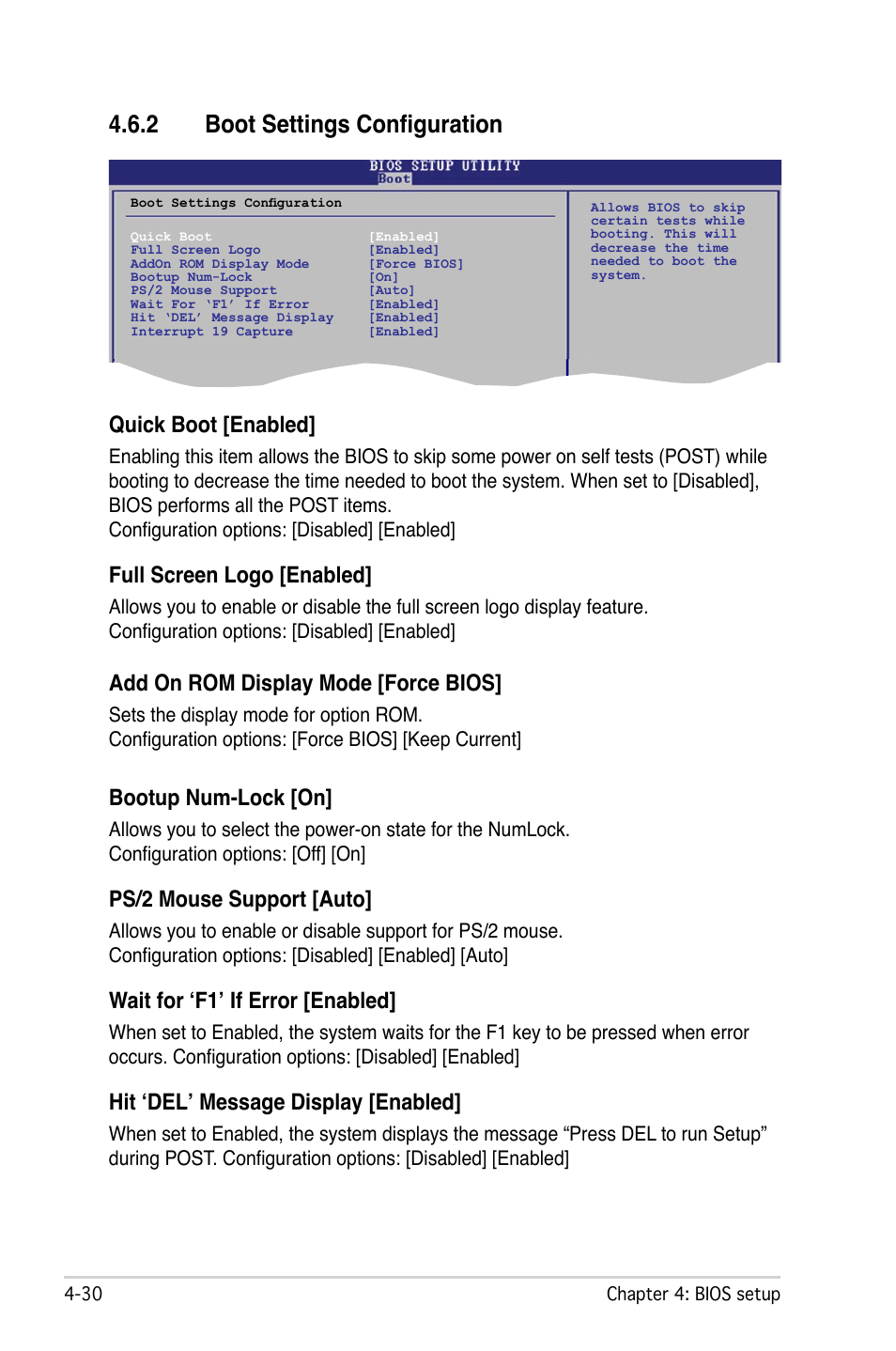 2 boot settings configuration, Quick boot [enabled, Full screen logo [enabled | Add on rom display mode [force bios, Bootup num-lock [on, Ps/2 mouse support [auto, Wait for ‘f1’ if error [enabled, Hit ‘del’ message display [enabled | Asus M2N-L User Manual | Page 80 / 108