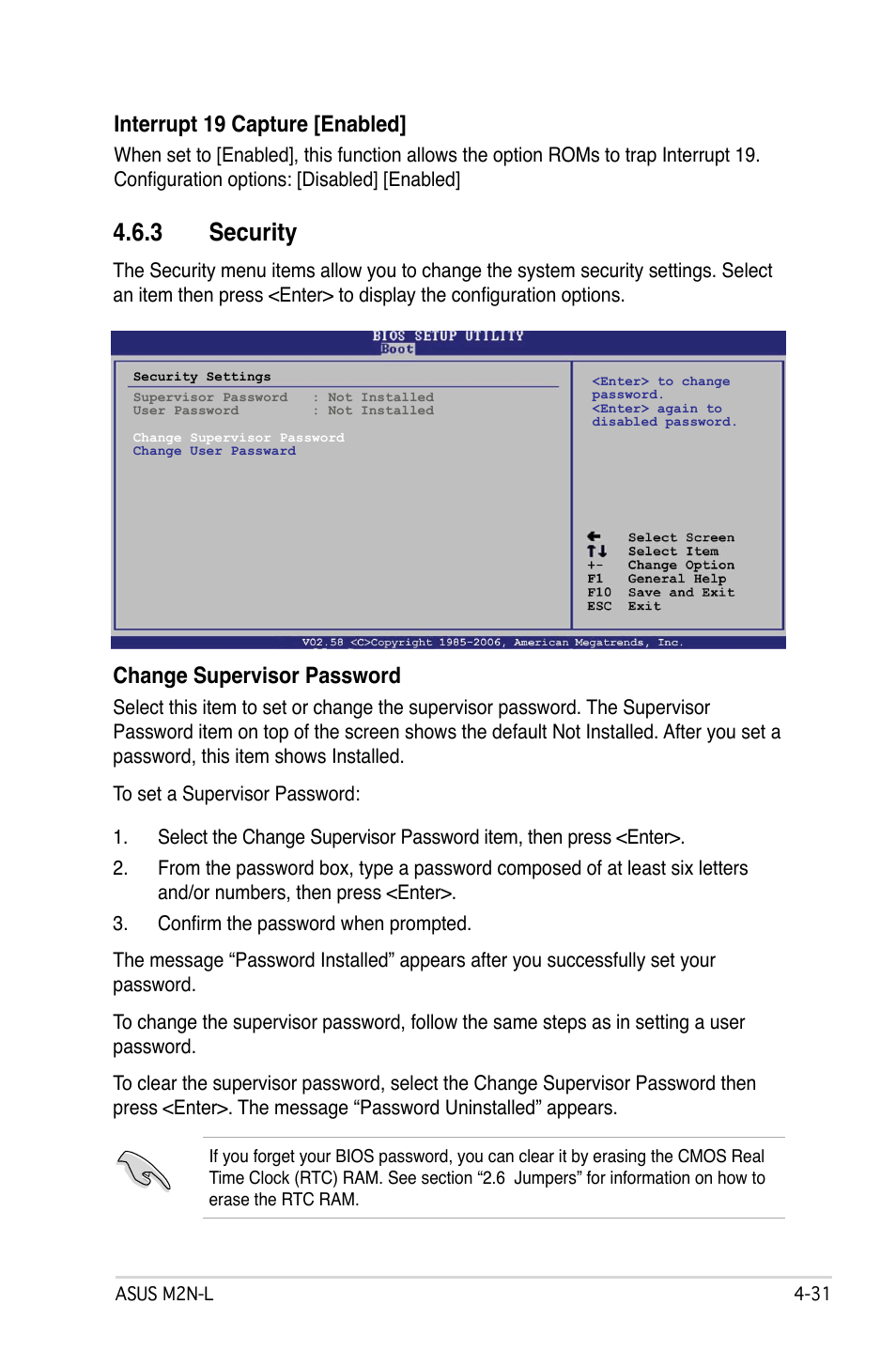 3 security, Interrupt 19 capture [enabled, Change supervisor password | Asus M2N-L User Manual | Page 81 / 108