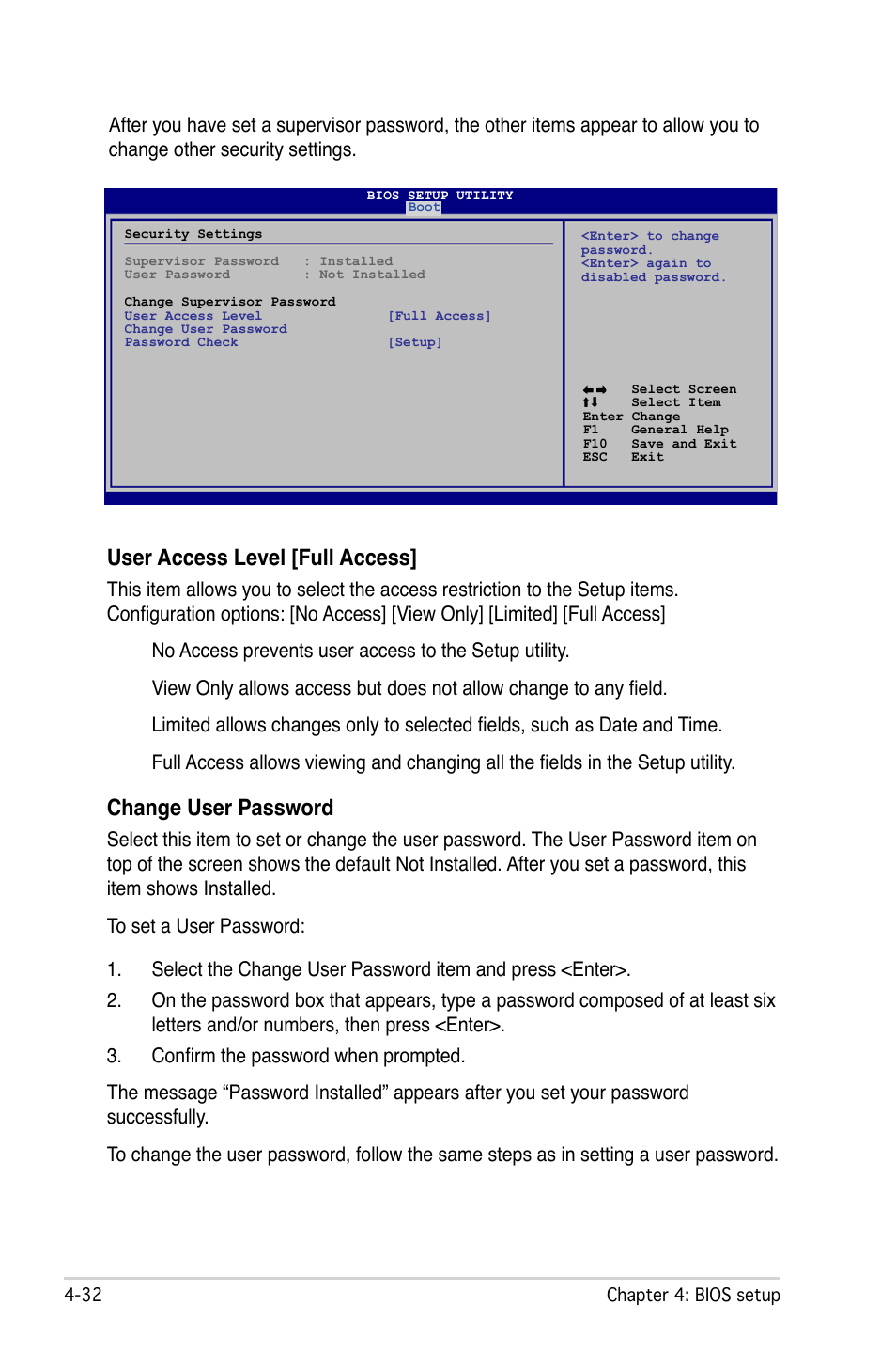 User access level [full access, Change user password | Asus M2N-L User Manual | Page 82 / 108