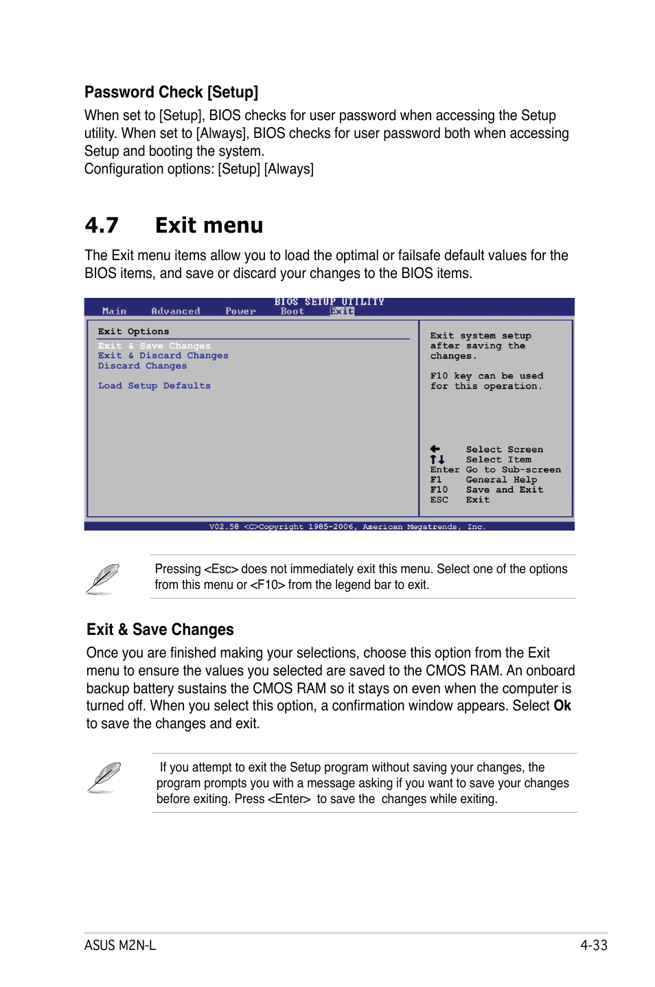 7 exit menu, Password check [setup, Exit & save changes | Asus M2N-L User Manual | Page 83 / 108