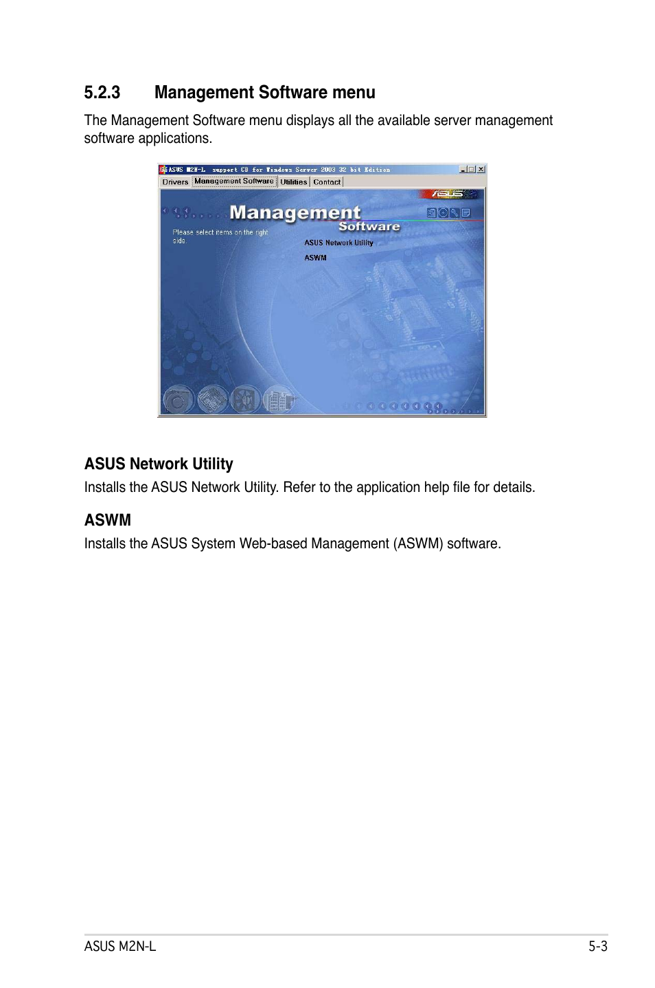 3 management software menu | Asus M2N-L User Manual | Page 89 / 108