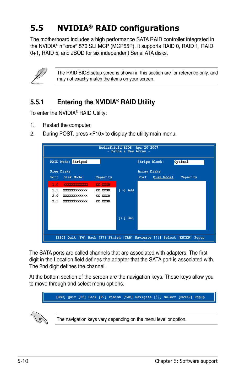 5 nvidia raid configurations, 1 entering the nvidia® raid utility, 5 nvidia | Raid configurations, 1 entering the nvidia, Raid utility, Nforce | Asus M2N-L User Manual | Page 96 / 108