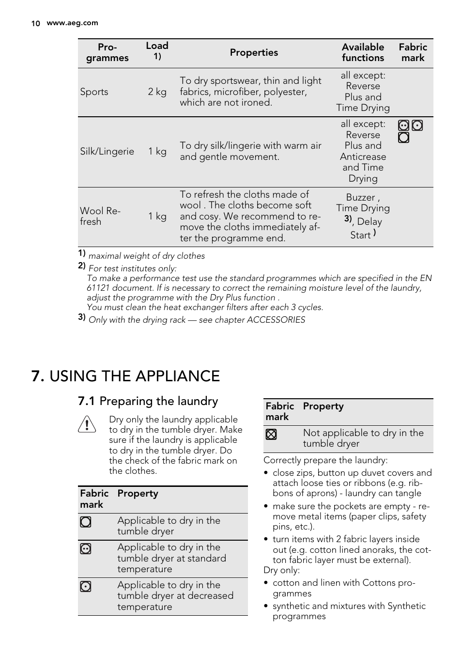 Using the appliance, 1 preparing the laundry | AEG T86280IC User Manual | Page 10 / 24