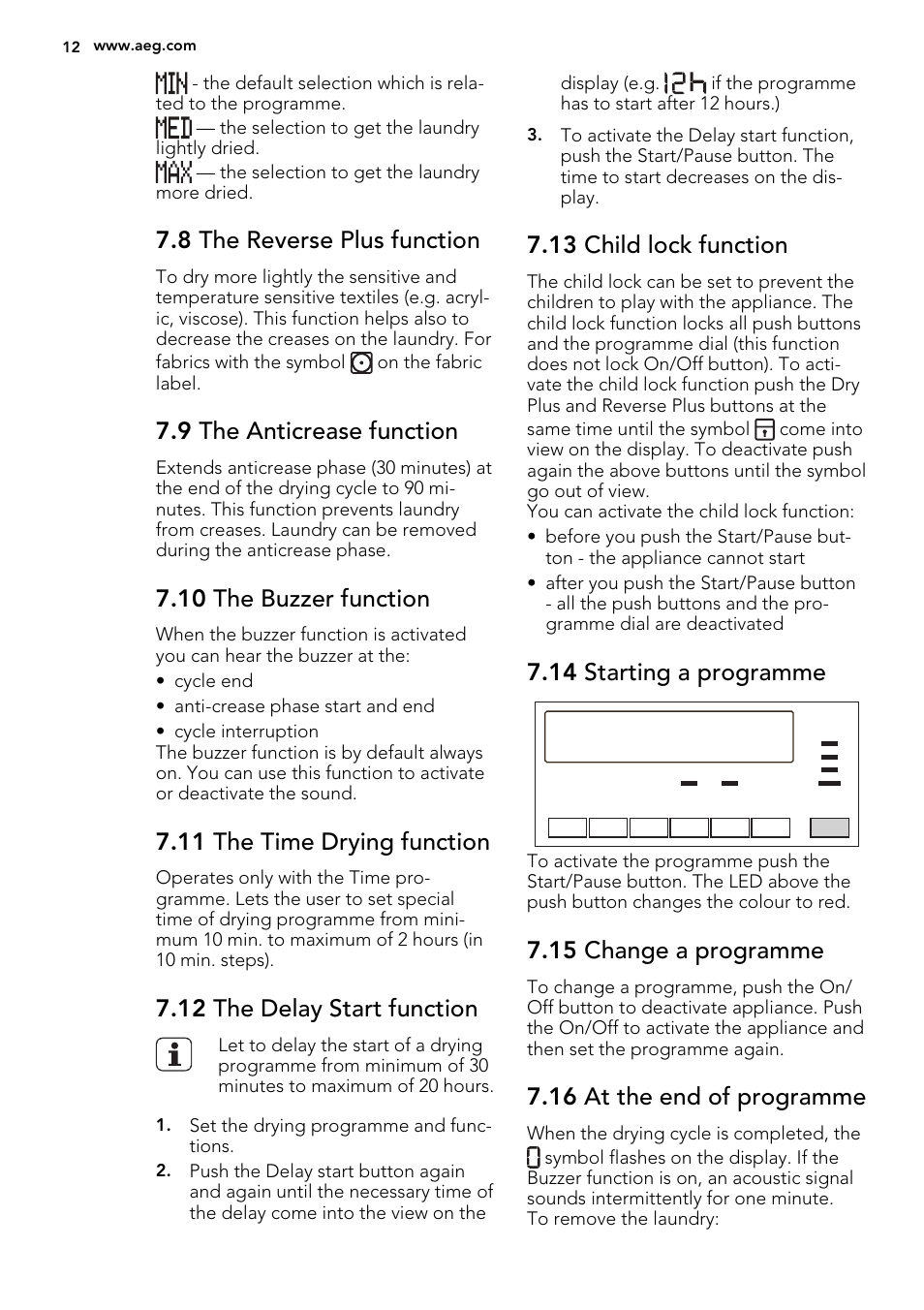 8 the reverse plus function, 9 the anticrease function, 10 the buzzer function | 11 the time drying function, 12 the delay start function, 13 child lock function, 14 starting a programme, 15 change a programme, 16 at the end of programme | AEG T86280IC User Manual | Page 12 / 24