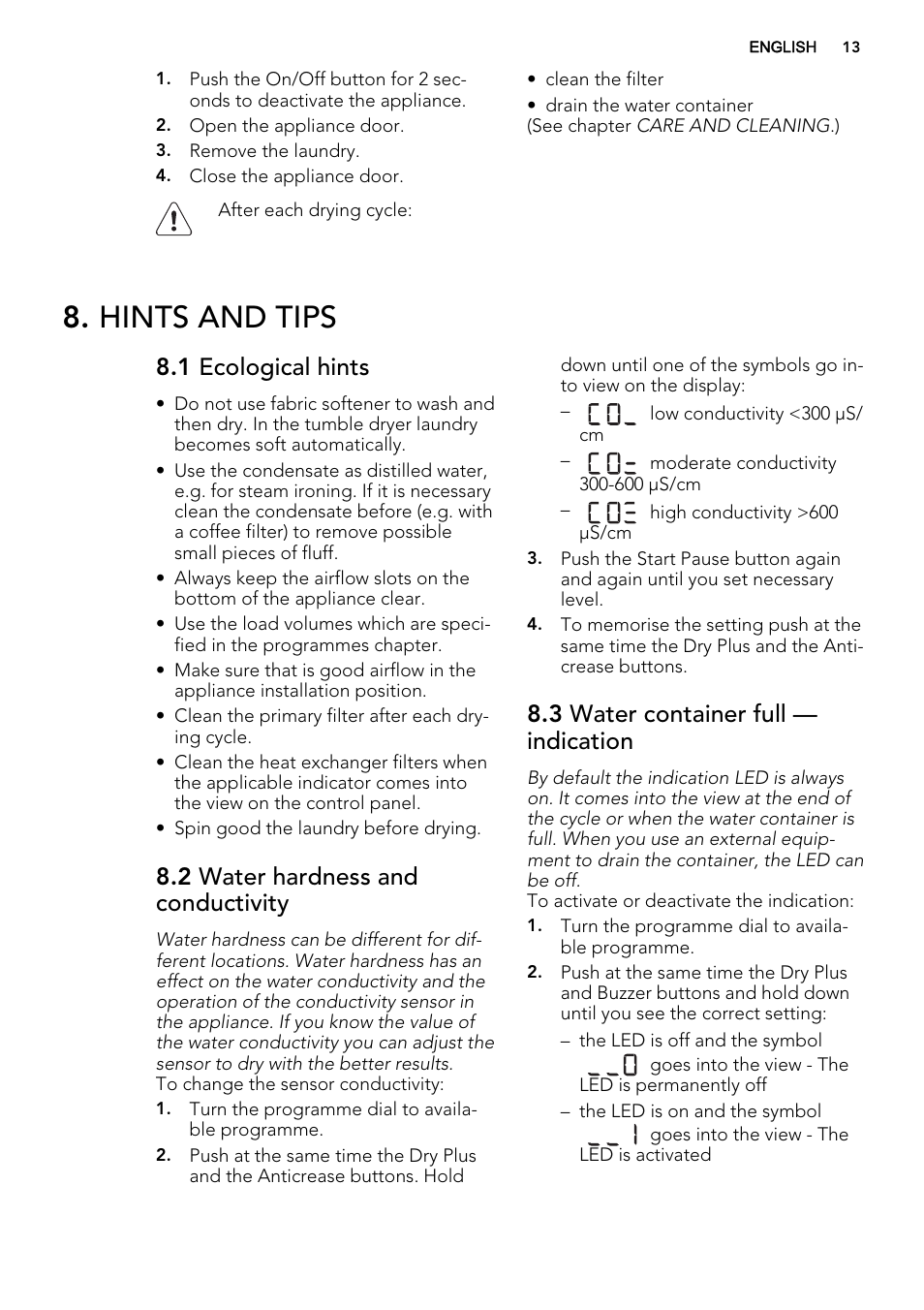 Hints and tips, 1 ecological hints, 2 water hardness and conductivity | 3 water container full — indication | AEG T86280IC User Manual | Page 13 / 24