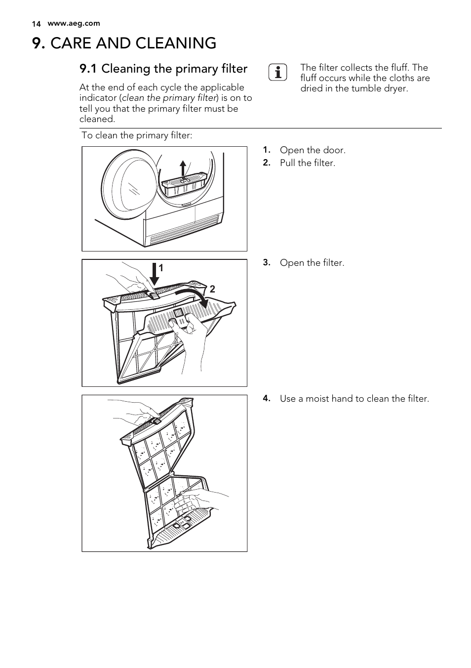 Care and cleaning, 1 cleaning the primary filter | AEG T86280IC User Manual | Page 14 / 24
