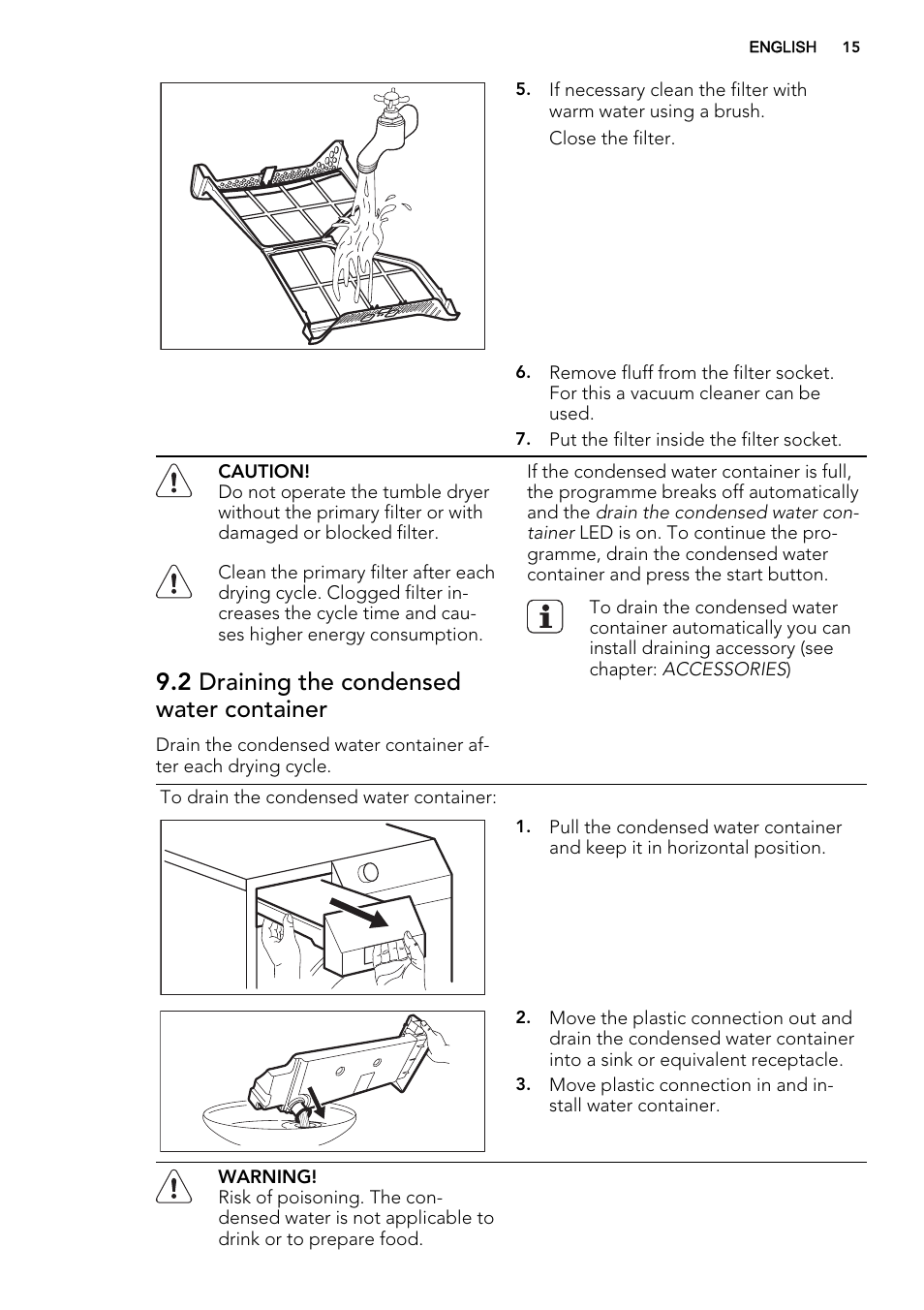 2 draining the condensed water container | AEG T86280IC User Manual | Page 15 / 24