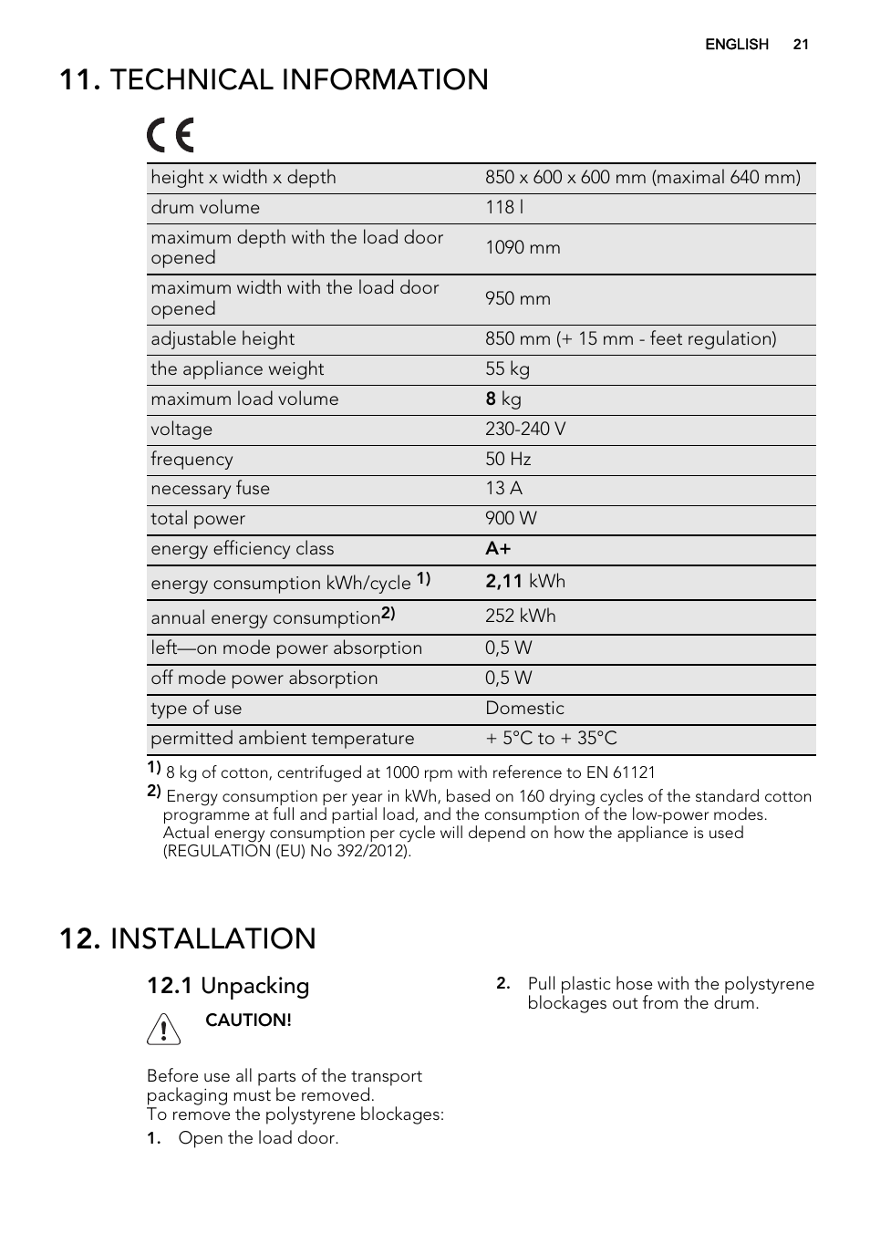 Technical information, Installation, 1 unpacking | AEG T86280IC User Manual | Page 21 / 24