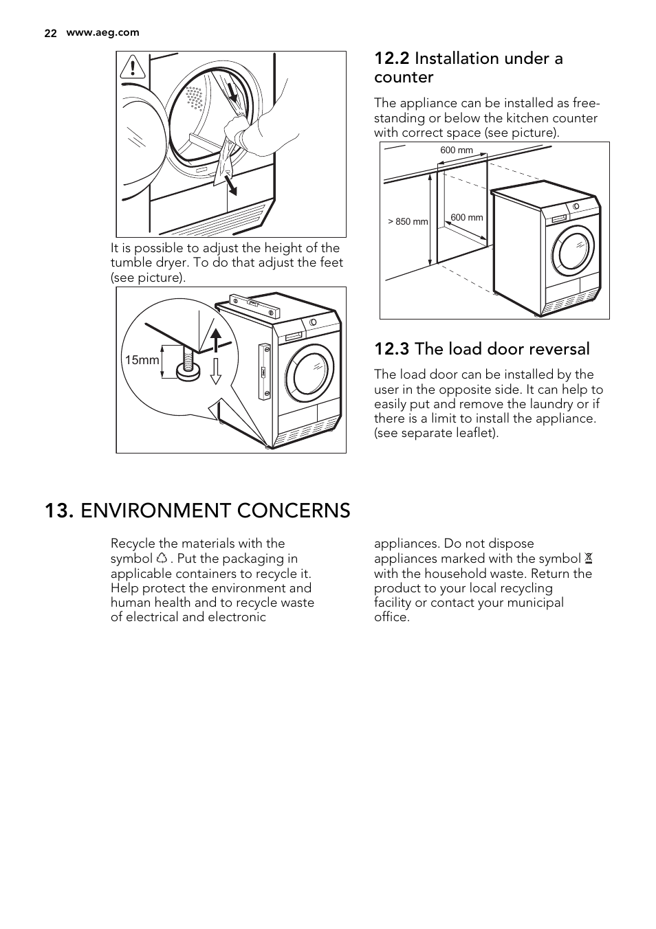 Environment concerns, 2 installation under a counter, 3 the load door reversal | AEG T86280IC User Manual | Page 22 / 24