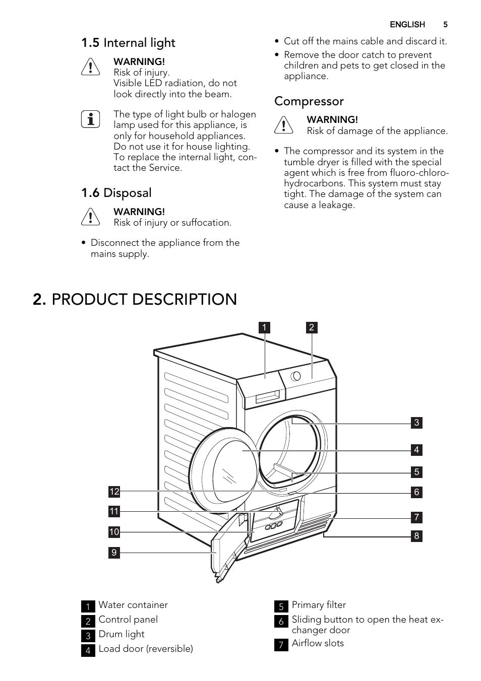 Product description, 5 internal light, 6 disposal | Compressor | AEG T86280IC User Manual | Page 5 / 24