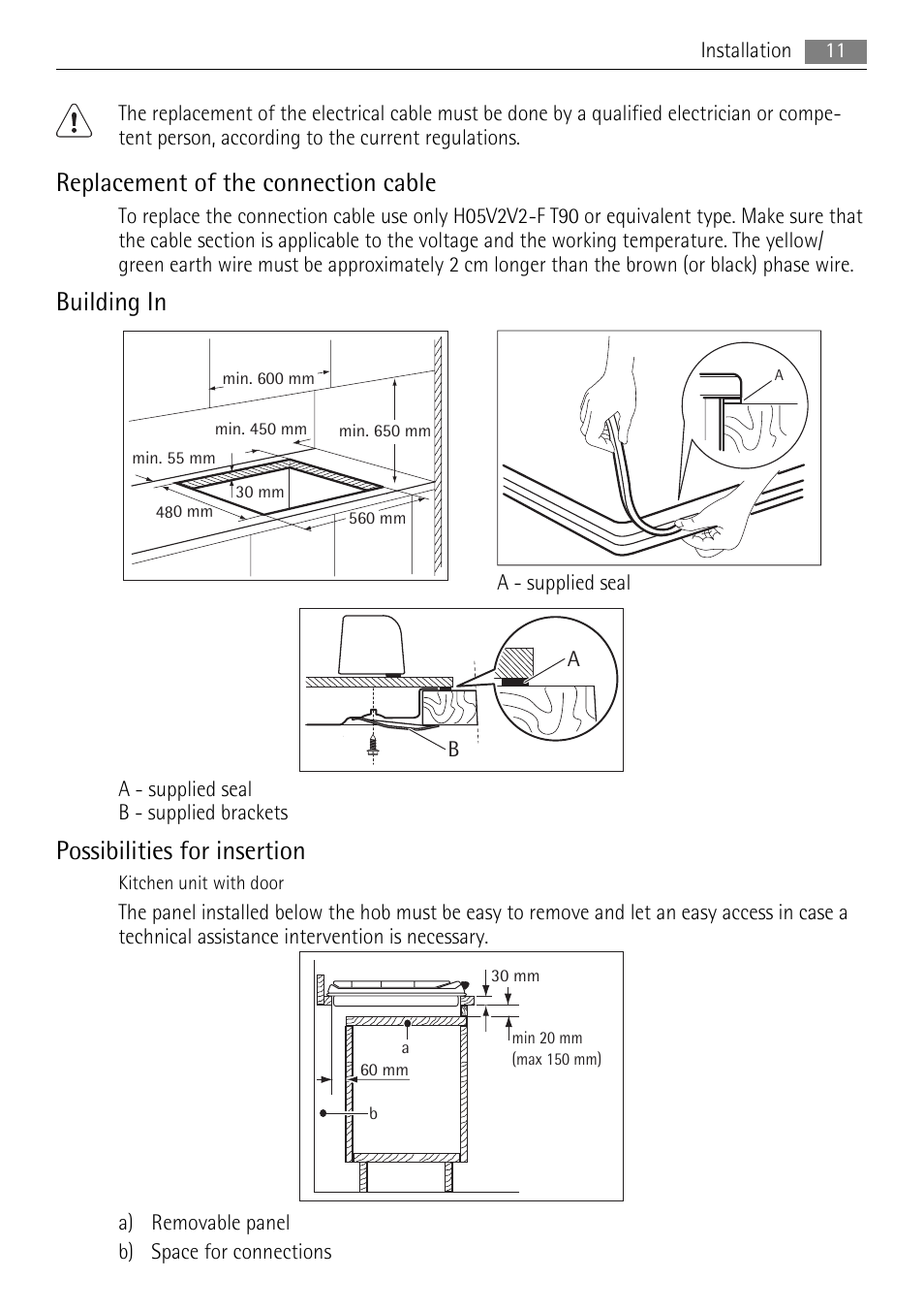 Replacement of the connection cable, Building in, Possibilities for insertion | AEG HG795440XB User Manual | Page 11 / 20