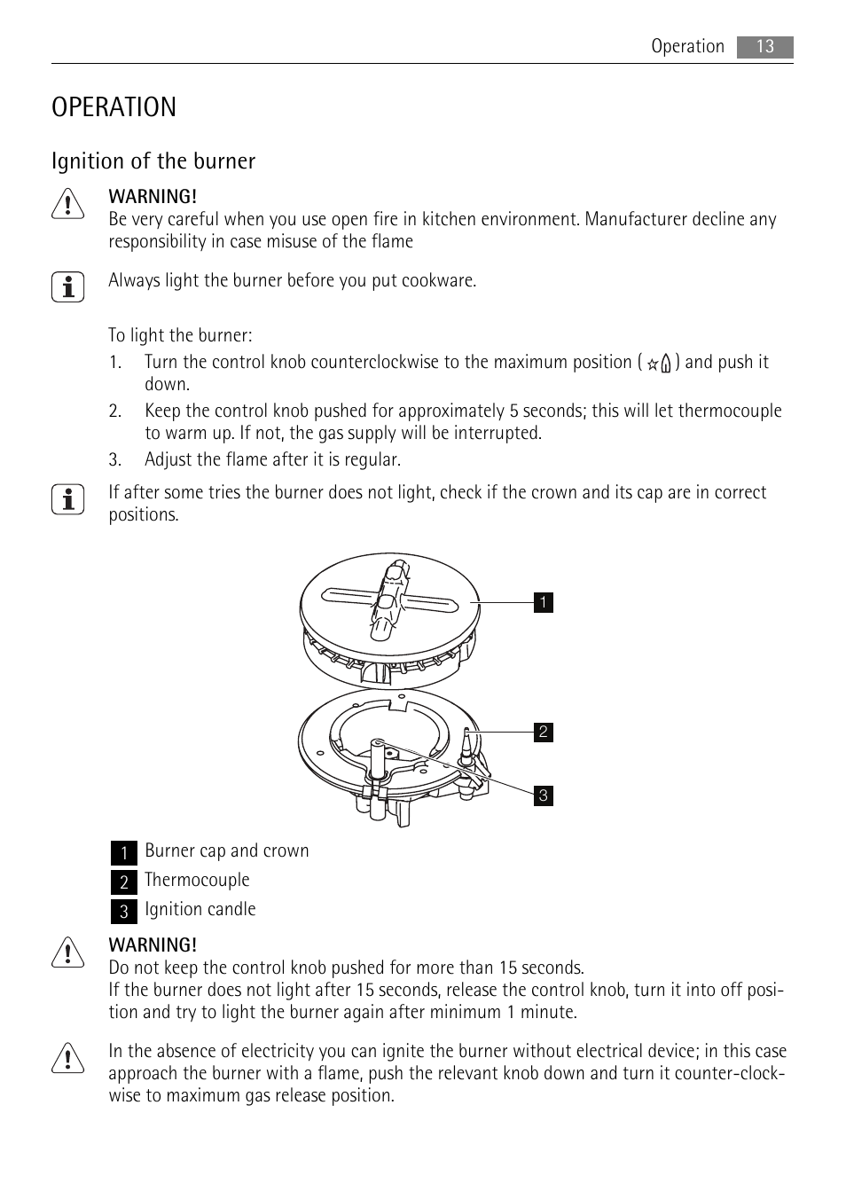 Operation, Ignition of the burner | AEG HG795440XB User Manual | Page 13 / 20