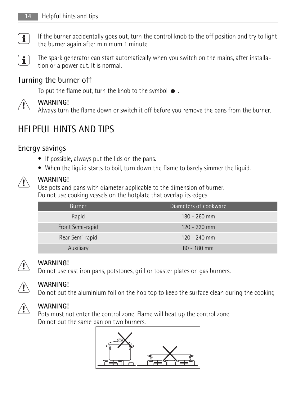 Helpful hints and tips, Turning the burner off, Energy savings | AEG HG795440XB User Manual | Page 14 / 20