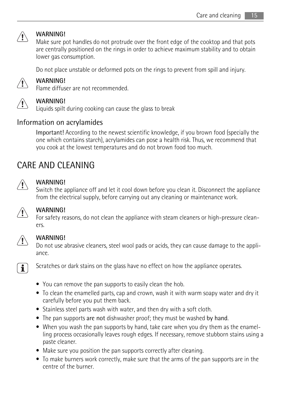 Care and cleaning, Information on acrylamides | AEG HG795440XB User Manual | Page 15 / 20
