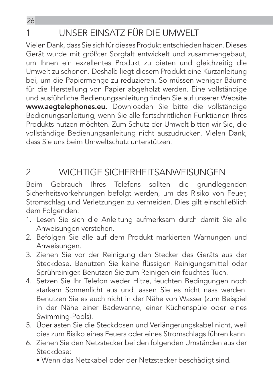 1unser einsatz für die umwelt, 2 wichtige sicherheitsanweisungen | AEG Voxtel D500 - d550bt User Manual | Page 26 / 136