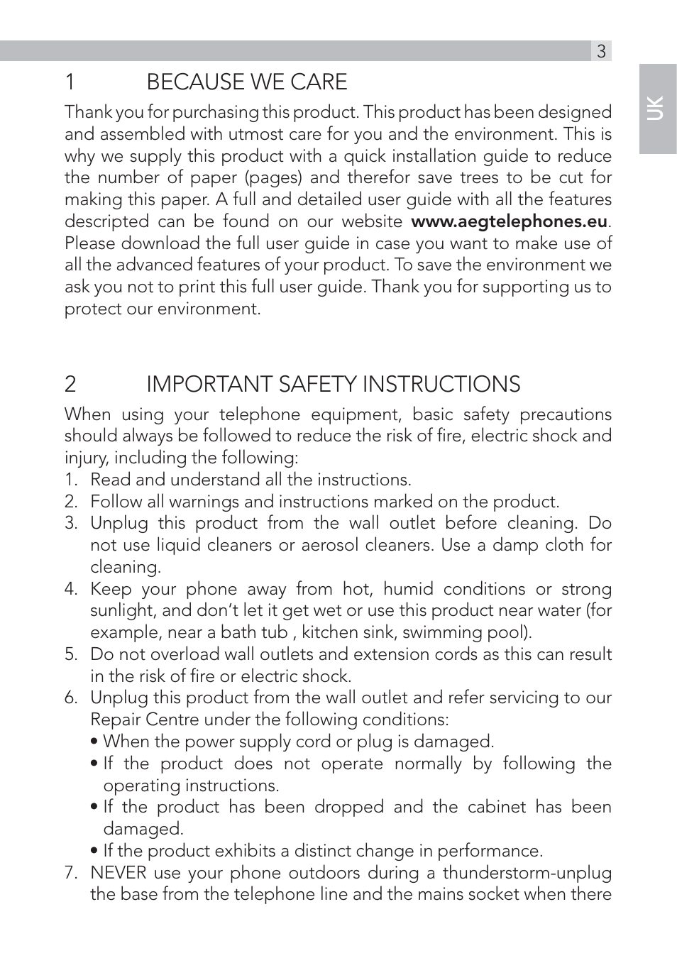 1because we care, 2important safety instructions | AEG Voxtel D500 - d550bt User Manual | Page 3 / 136