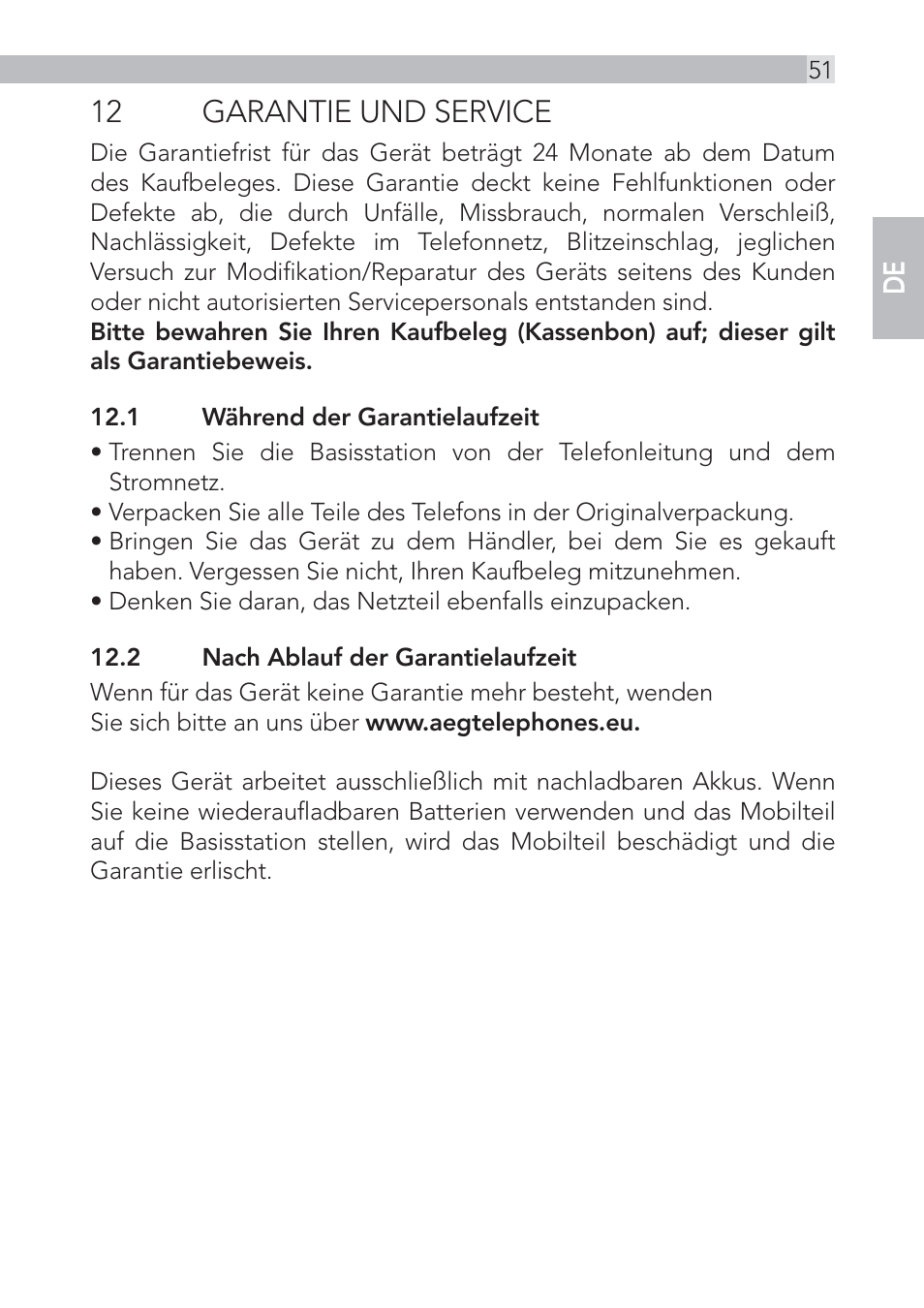 12 garantie und service | AEG Voxtel D500 - d550bt User Manual | Page 51 / 136