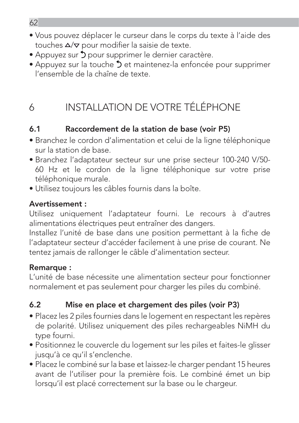 6installation de votre téléphone | AEG Voxtel D500 - d550bt User Manual | Page 62 / 136