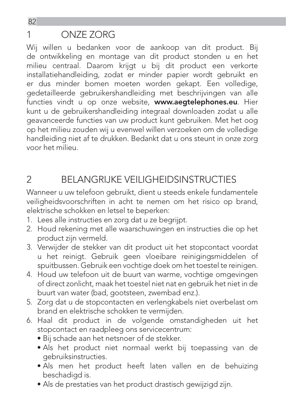 1 onze zorg, 2 belangrijke veiligheidsinstructies | AEG Voxtel D500 - d550bt User Manual | Page 82 / 136