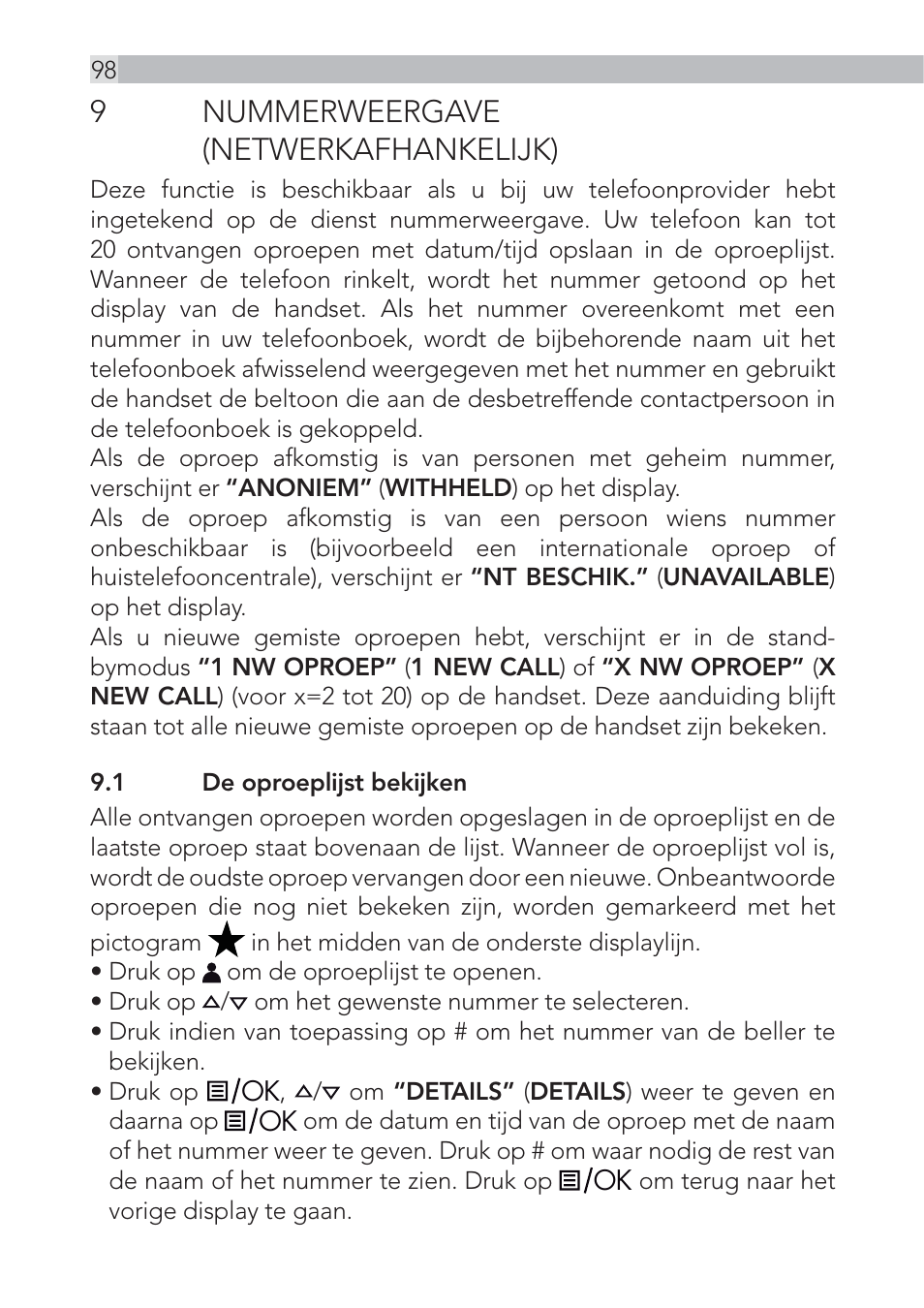 9nummerweergave (netwerkafhankelijk) | AEG Voxtel D500 - d550bt User Manual | Page 98 / 136