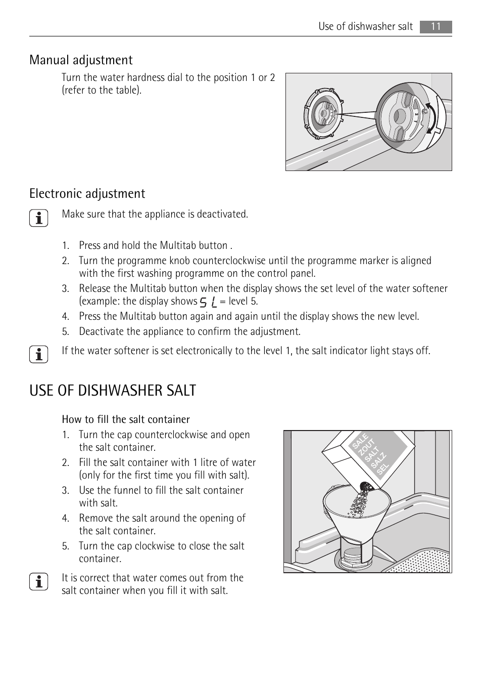 Use of dishwasher salt, Manual adjustment, Electronic adjustment | AEG F55020W0P User Manual | Page 11 / 28