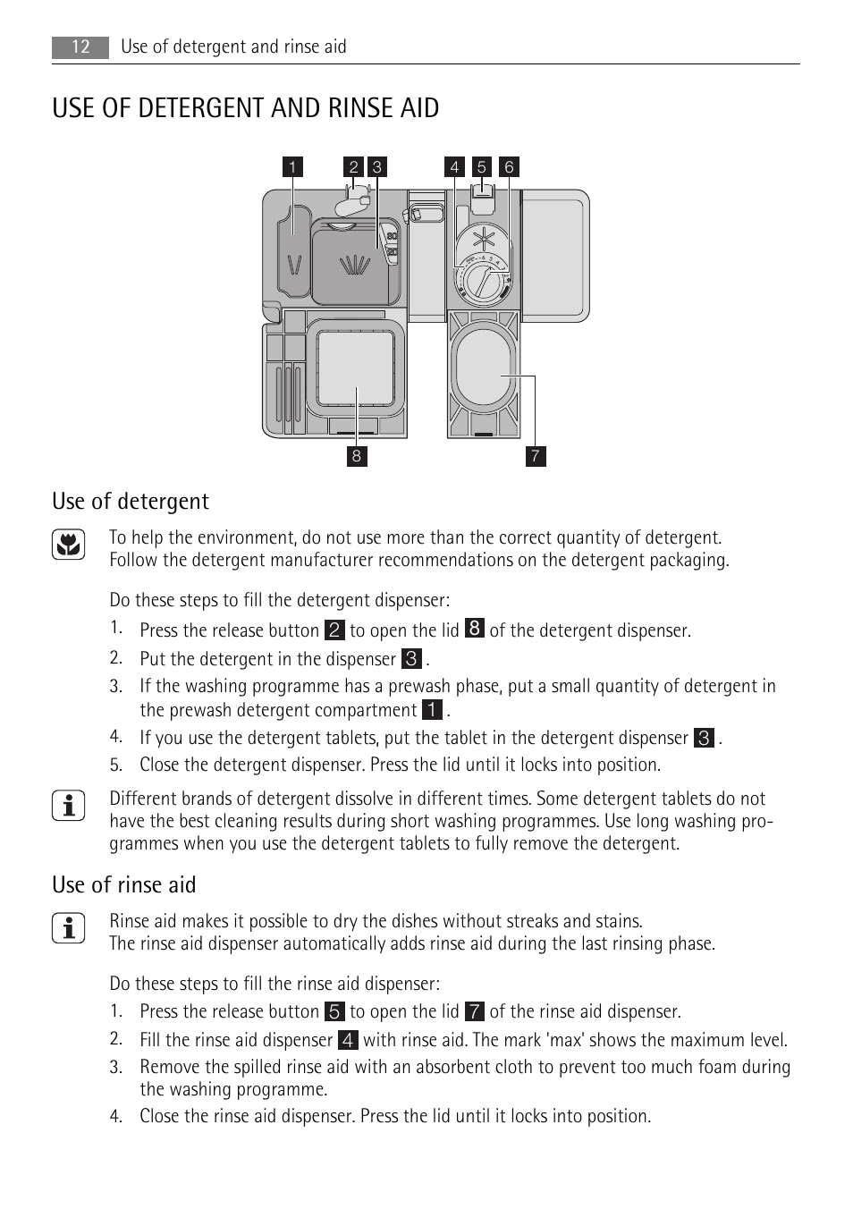 Use of detergent and rinse aid, Use of detergent, Use of rinse aid | AEG F55020W0P User Manual | Page 12 / 28