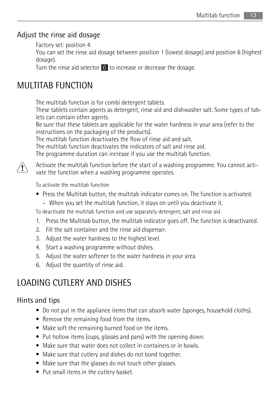 Multitab function, Loading cutlery and dishes, Adjust the rinse aid dosage | Hints and tips | AEG F55020W0P User Manual | Page 13 / 28