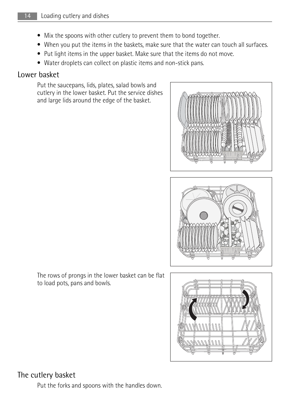 Lower basket, The cutlery basket | AEG F55020W0P User Manual | Page 14 / 28