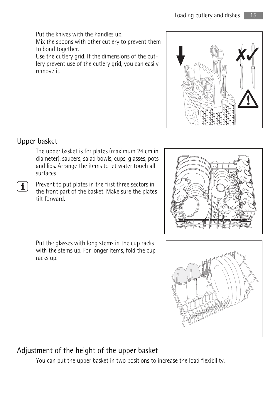 Upper basket, Adjustment of the height of the upper basket | AEG F55020W0P User Manual | Page 15 / 28