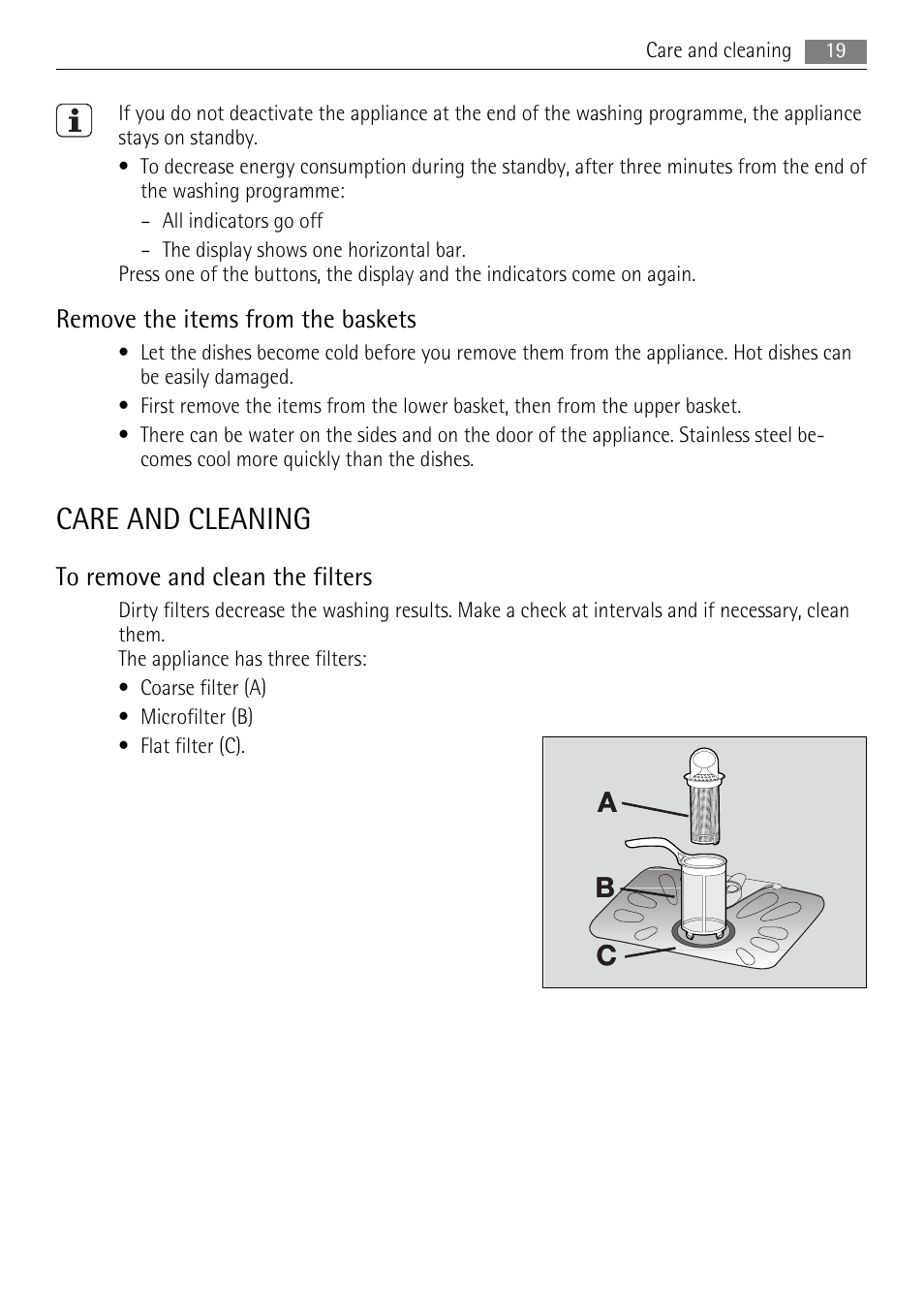 Care and cleaning | AEG F55020W0P User Manual | Page 19 / 28