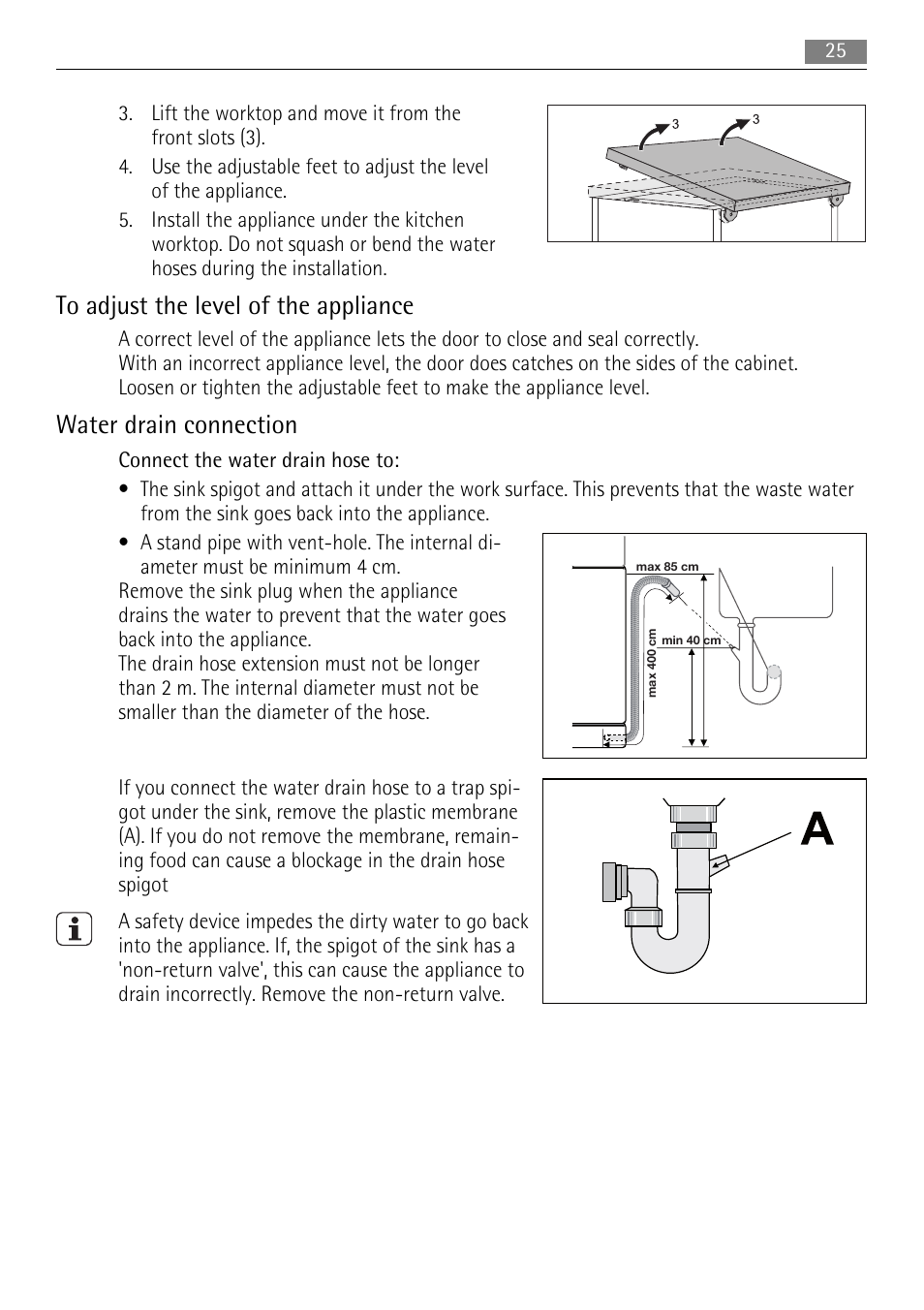 Water drain connection | AEG F55020W0P User Manual | Page 25 / 28