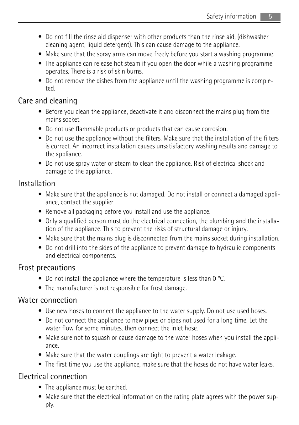 Care and cleaning, Installation, Frost precautions | Water connection, Electrical connection | AEG F55020W0P User Manual | Page 5 / 28