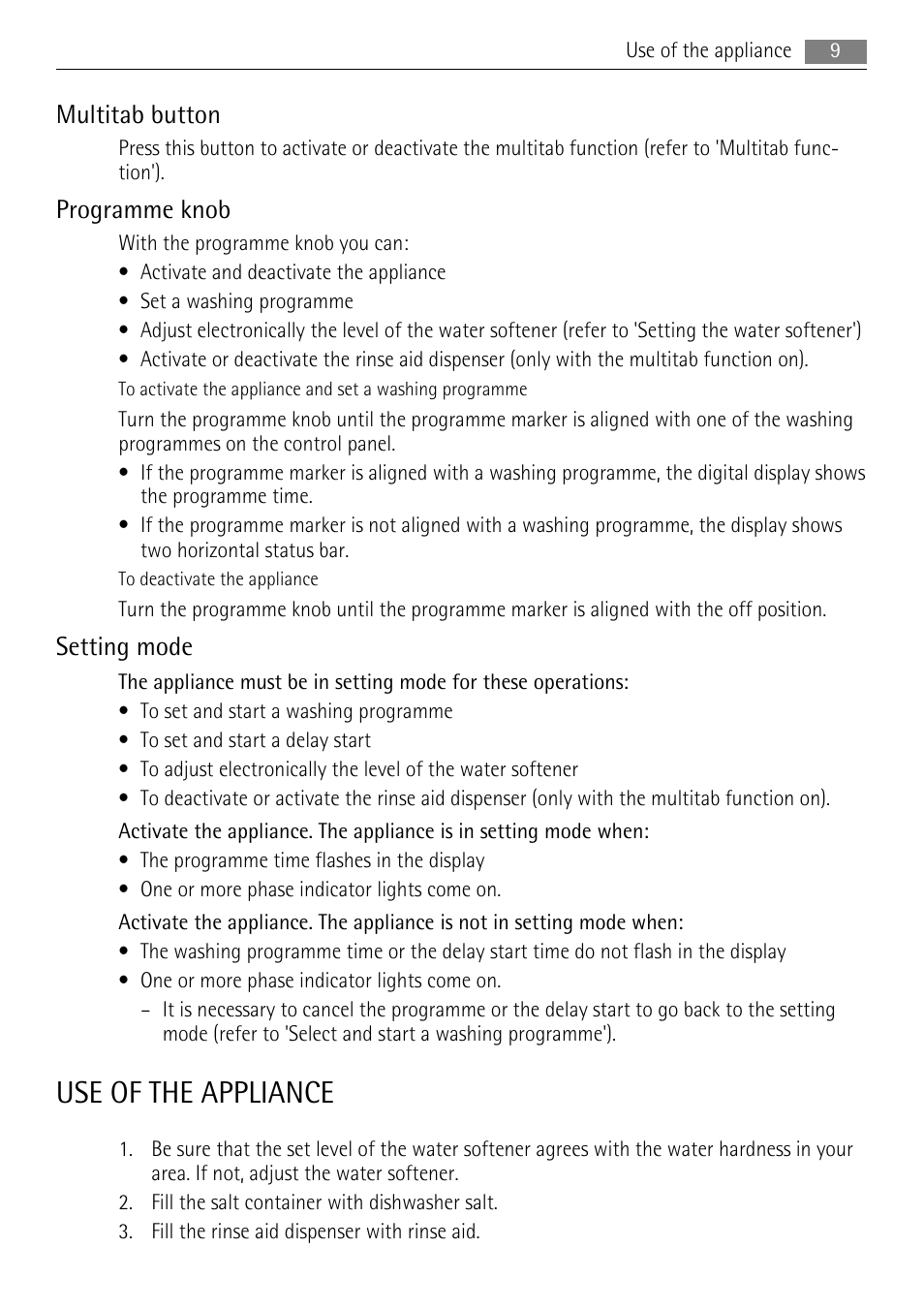 Use of the appliance, Multitab button, Programme knob | Setting mode | AEG F55020W0P User Manual | Page 9 / 28