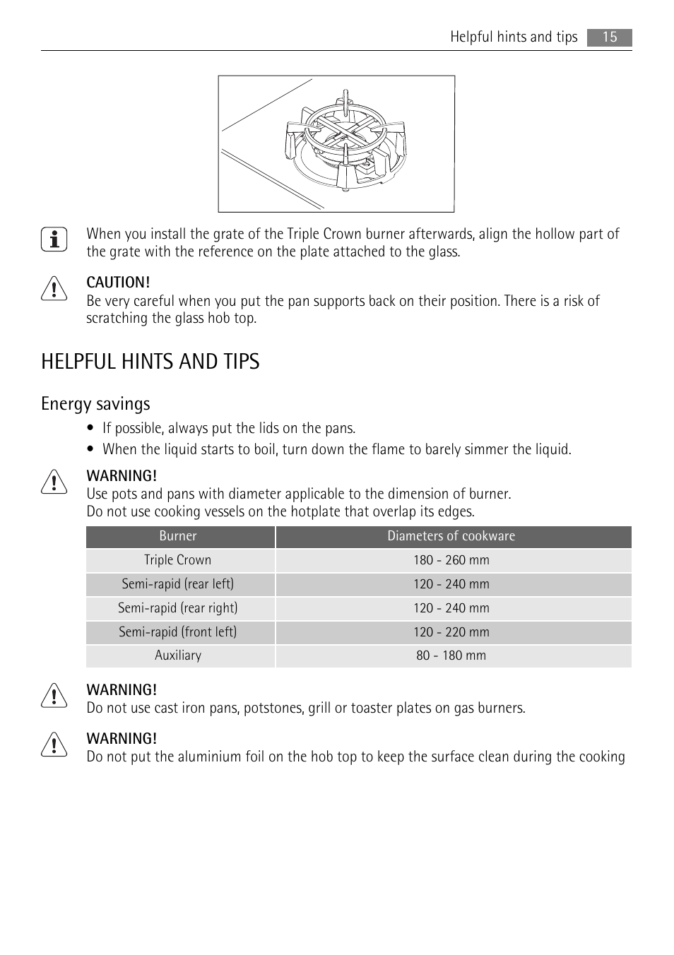 Helpful hints and tips, Energy savings | AEG HG654320UM User Manual | Page 15 / 24