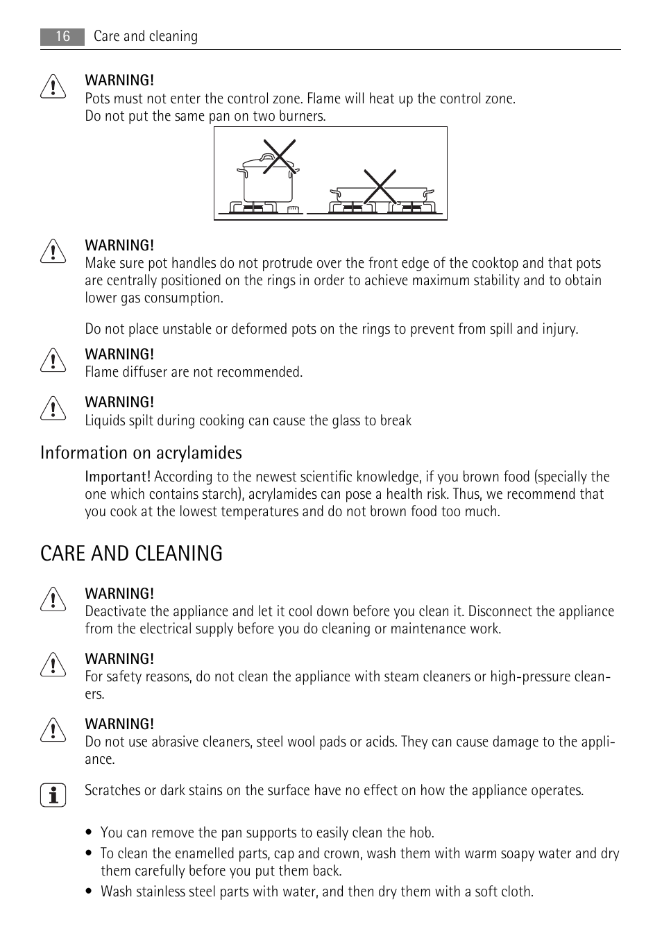 Care and cleaning, Information on acrylamides | AEG HG654320UM User Manual | Page 16 / 24