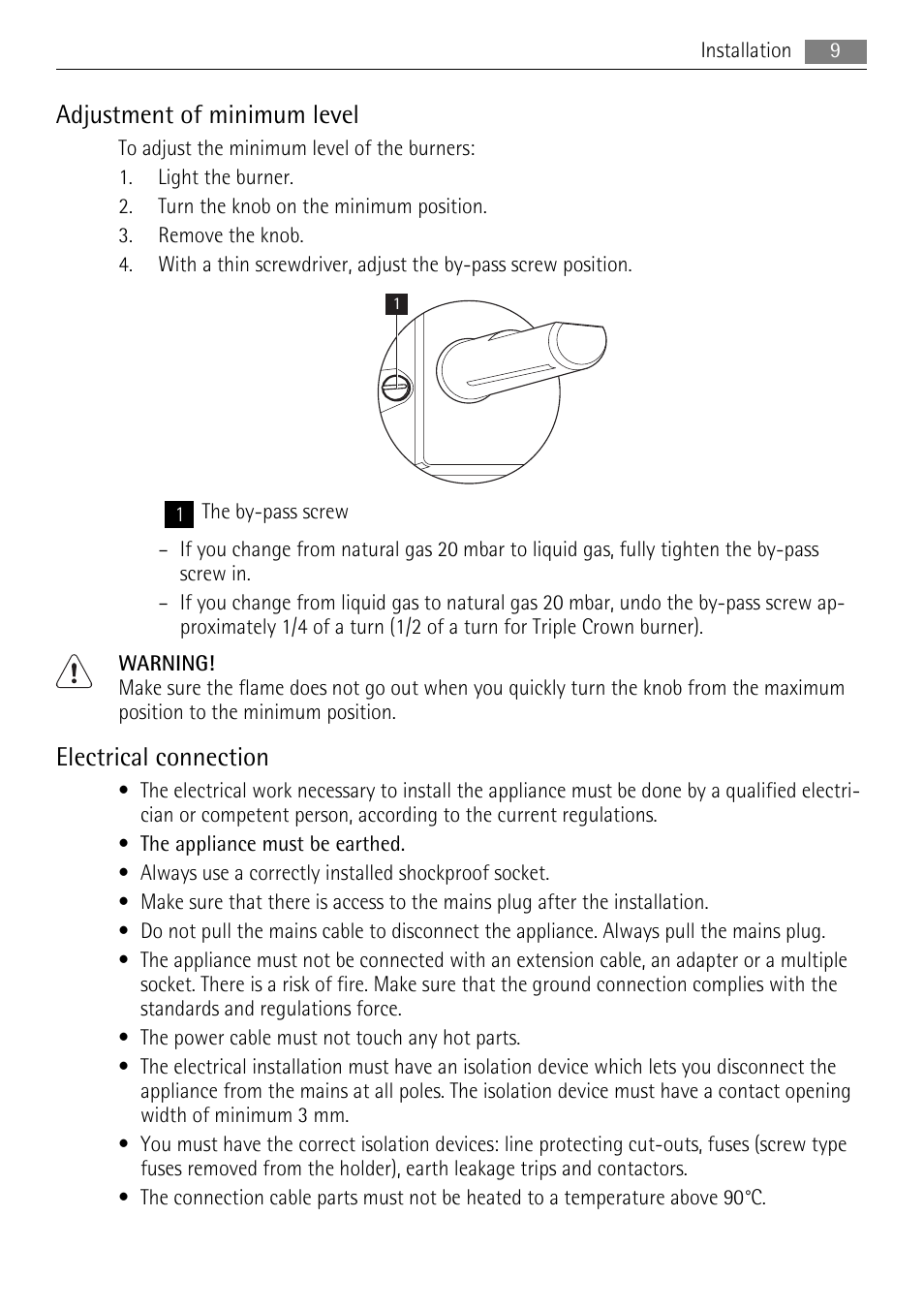 Adjustment of minimum level, Electrical connection | AEG HG654320UM User Manual | Page 9 / 24