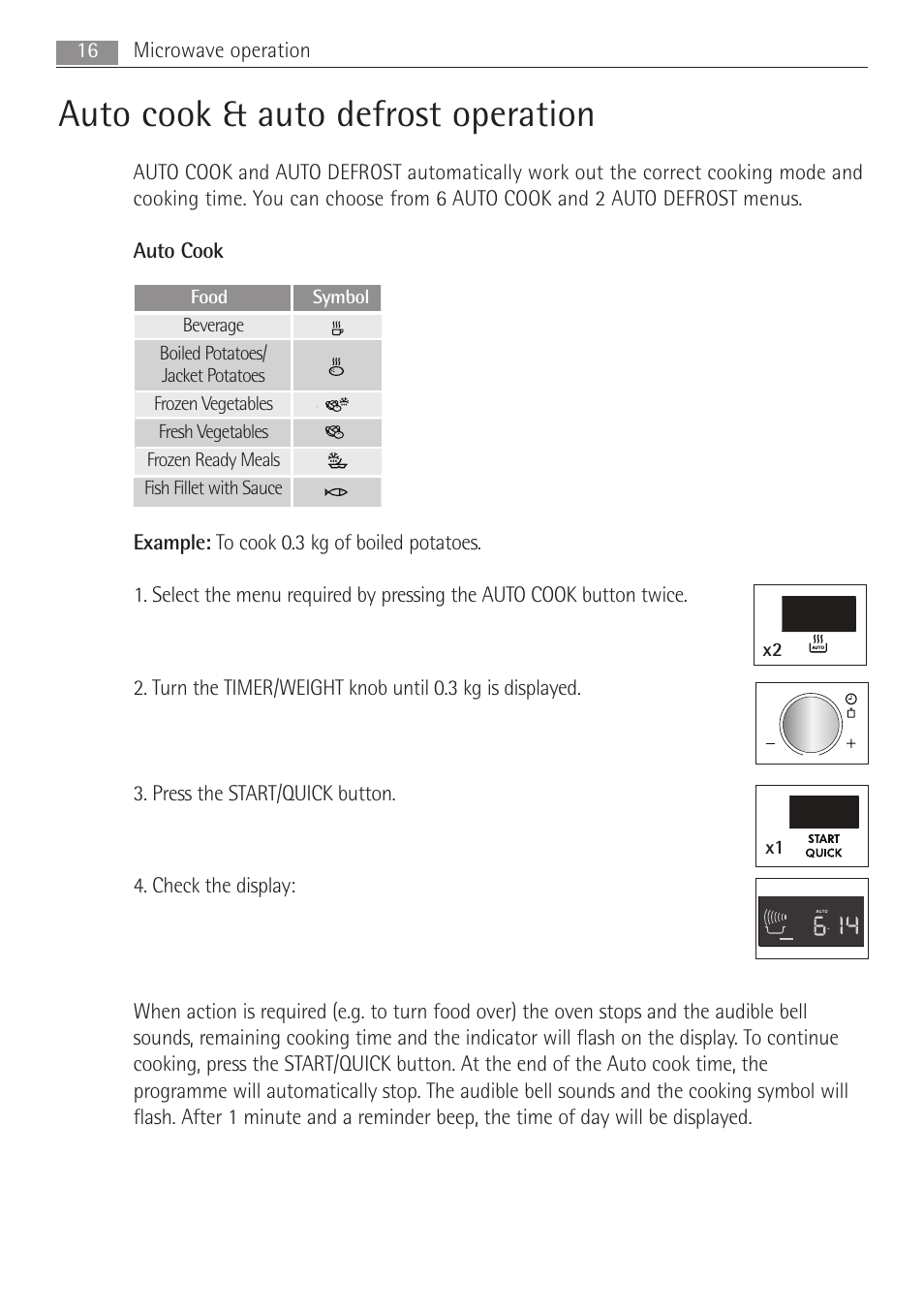 Auto cook & auto defrost operation, 16 microwave operation | AEG MCC3881E-M User Manual | Page 16 / 36