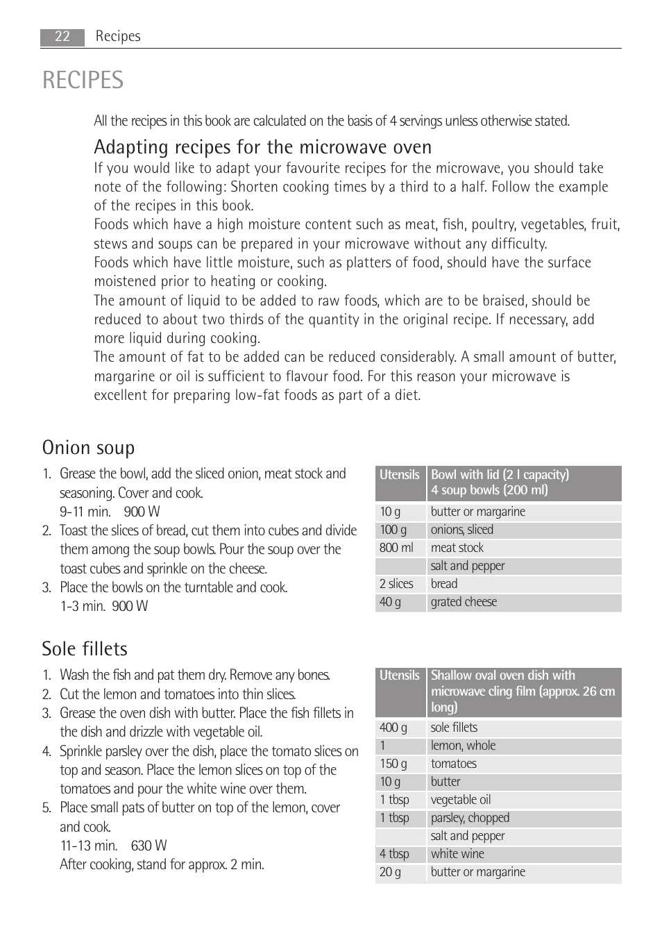 Recipes, Adapting recipes for the microwave oven, Onion soup | Sole fillets | AEG MCC3881E-M User Manual | Page 22 / 36