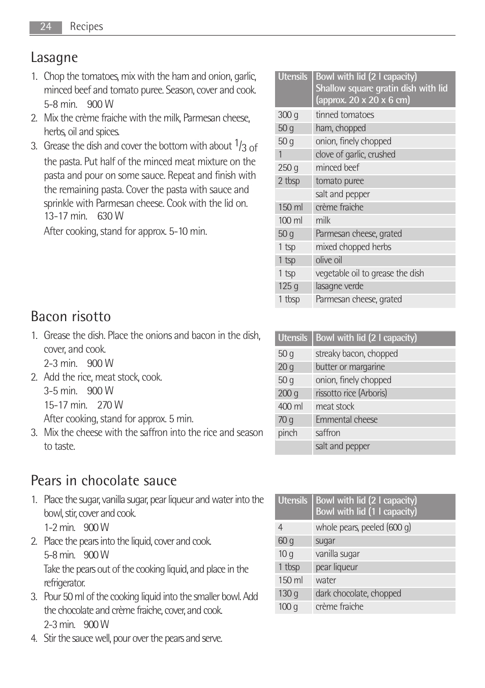 Lasagne, Bacon risotto, Pears in chocolate sauce | AEG MCC3881E-M User Manual | Page 24 / 36