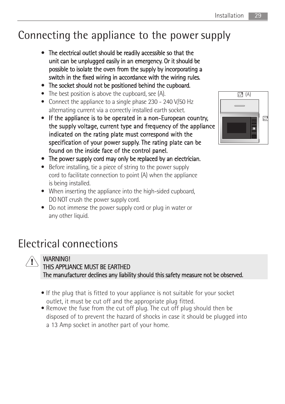 Connecting the appliance to the power supply, Electrical connections | AEG MCC3881E-M User Manual | Page 29 / 36