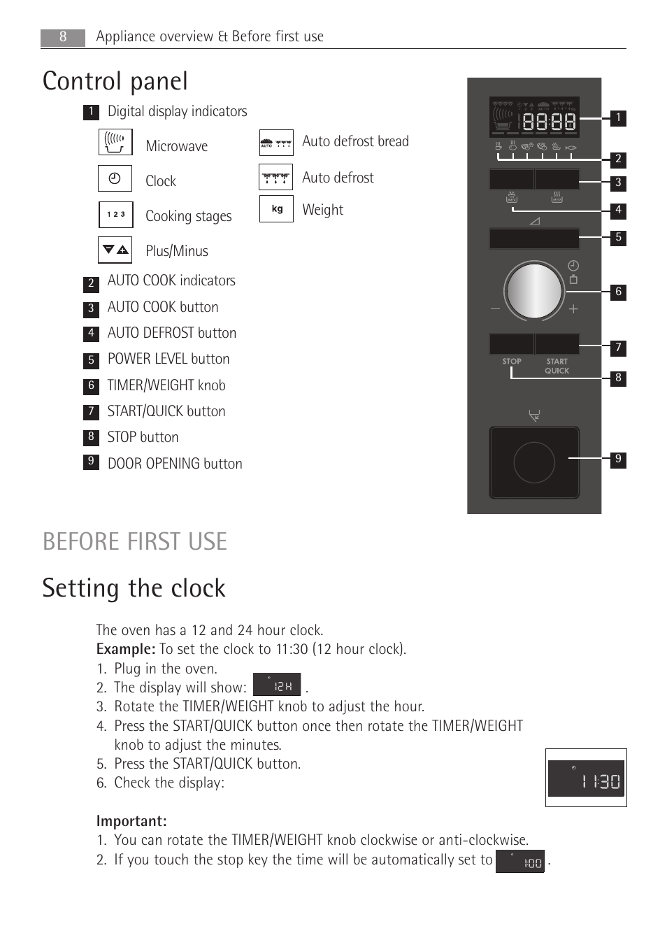 Setting the clock, Control panel, Before first use | AEG MCC3881E-M User Manual | Page 8 / 36