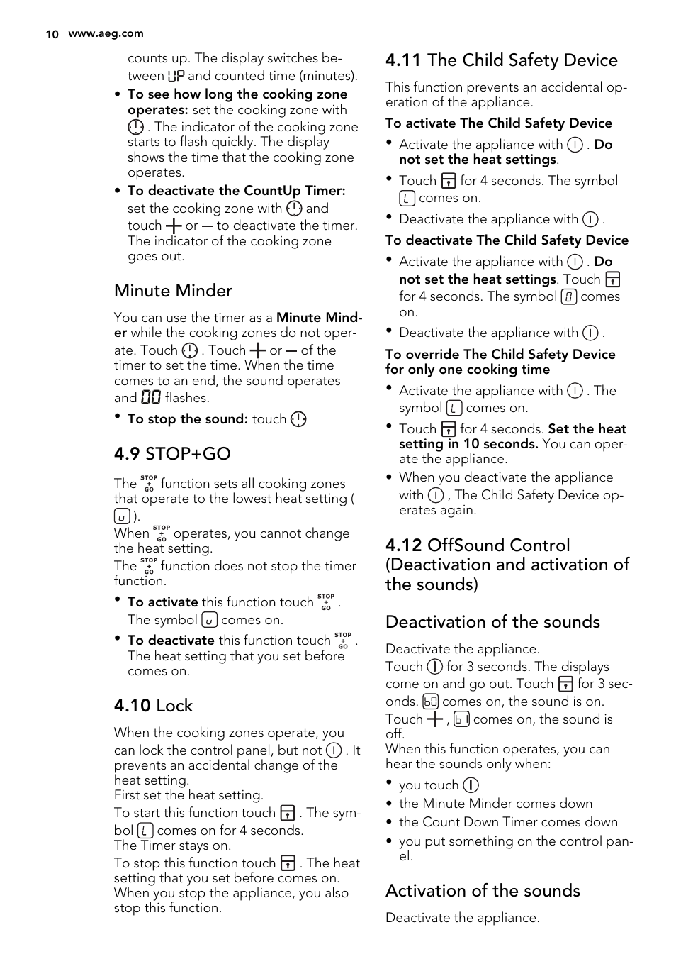 Minute minder, 9 stop+go, 10 lock | 11 the child safety device, Activation of the sounds | AEG HG694340NB User Manual | Page 10 / 24