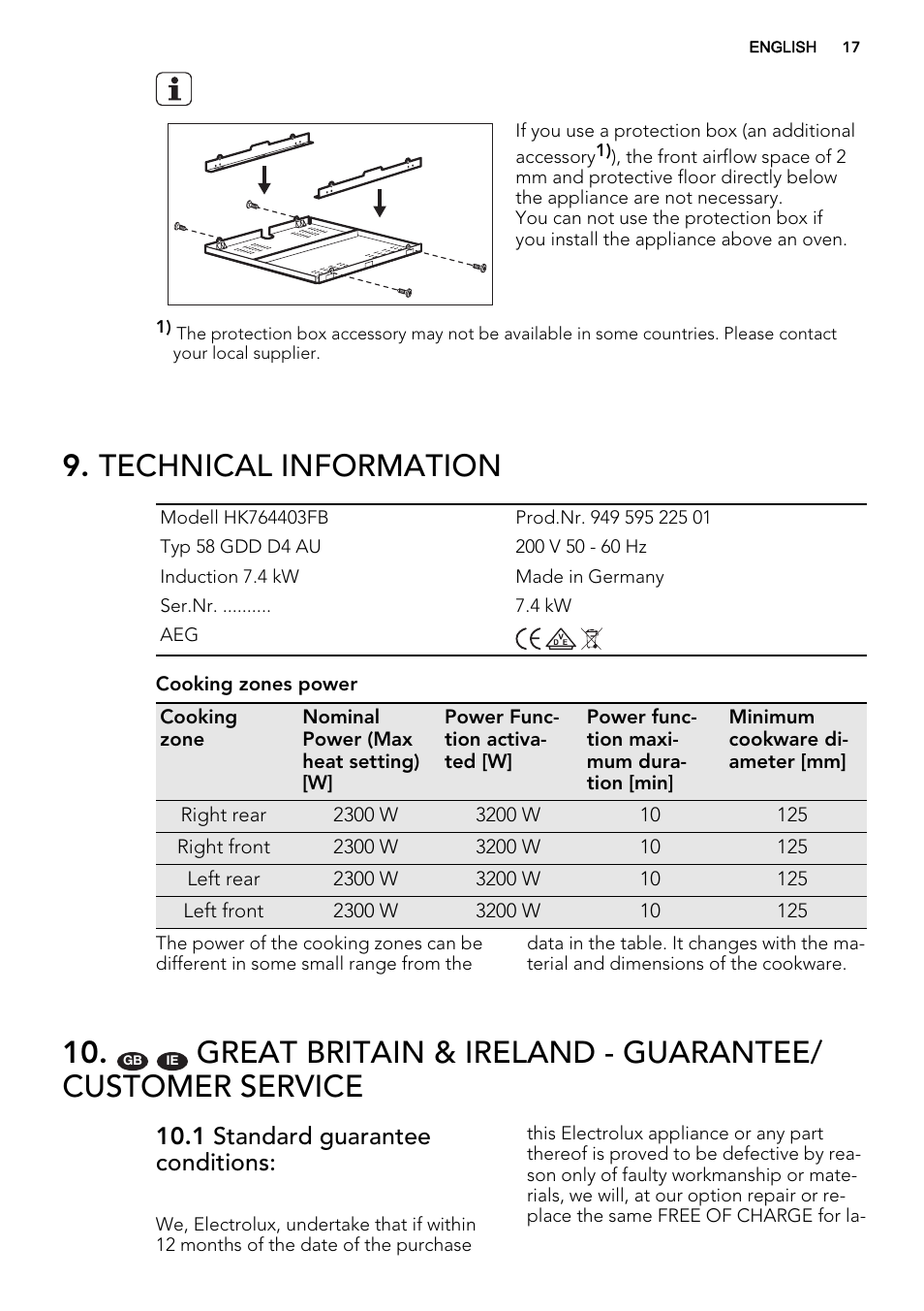 Technical information, 1 standard guarantee conditions | AEG HG694340NB User Manual | Page 17 / 24