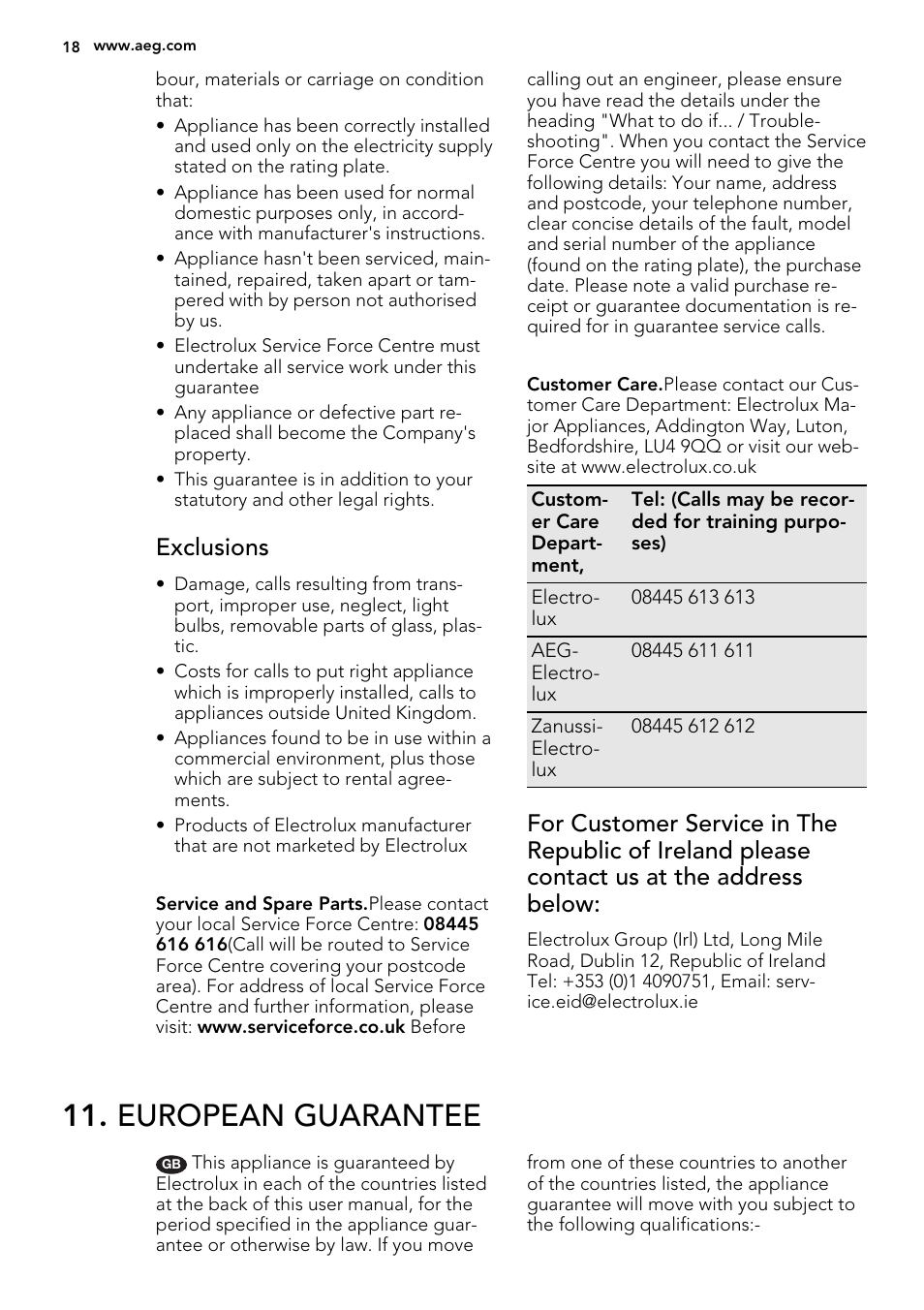 European guarantee, Exclusions | AEG HG694340NB User Manual | Page 18 / 24
