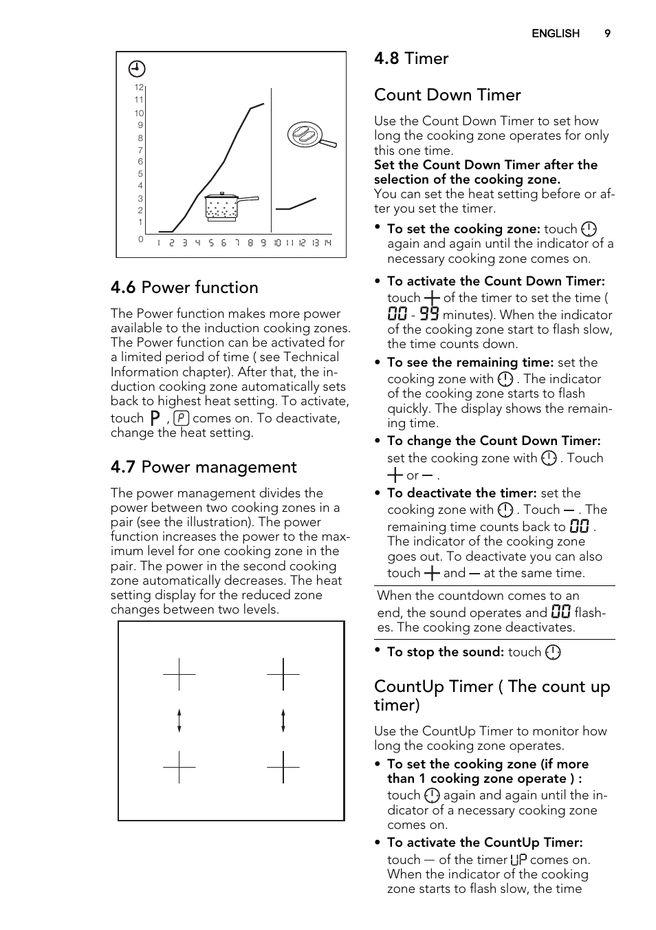 6 power function, 7 power management, 8 timer count down timer | Countup timer ( the count up timer) | AEG HG694340NB User Manual | Page 9 / 24
